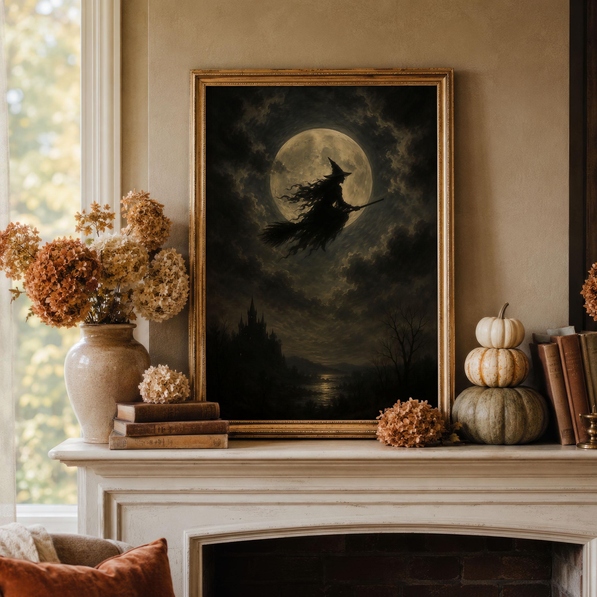 Flying Witch Moon Wall Art | Halloween Print | Dark Fantasy Decor | Gothic Witch Artwork | Spooky Night Sky