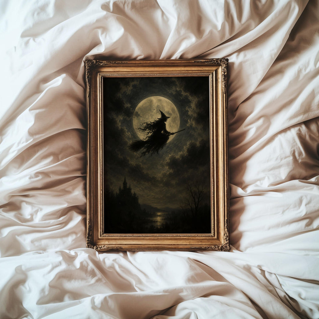 Flying Witch Moon Wall Art | Halloween Print | Dark Fantasy Decor | Gothic Witch Artwork | Spooky Night Sky