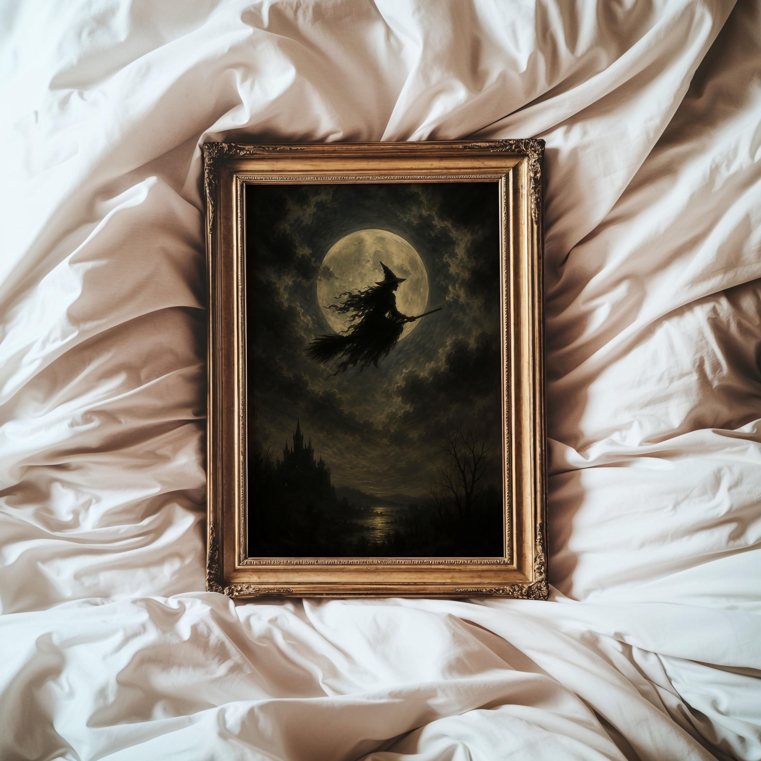 Flying Witch Moon Wall Art | Halloween Print | Dark Fantasy Decor | Gothic Witch Artwork | Spooky Night Sky