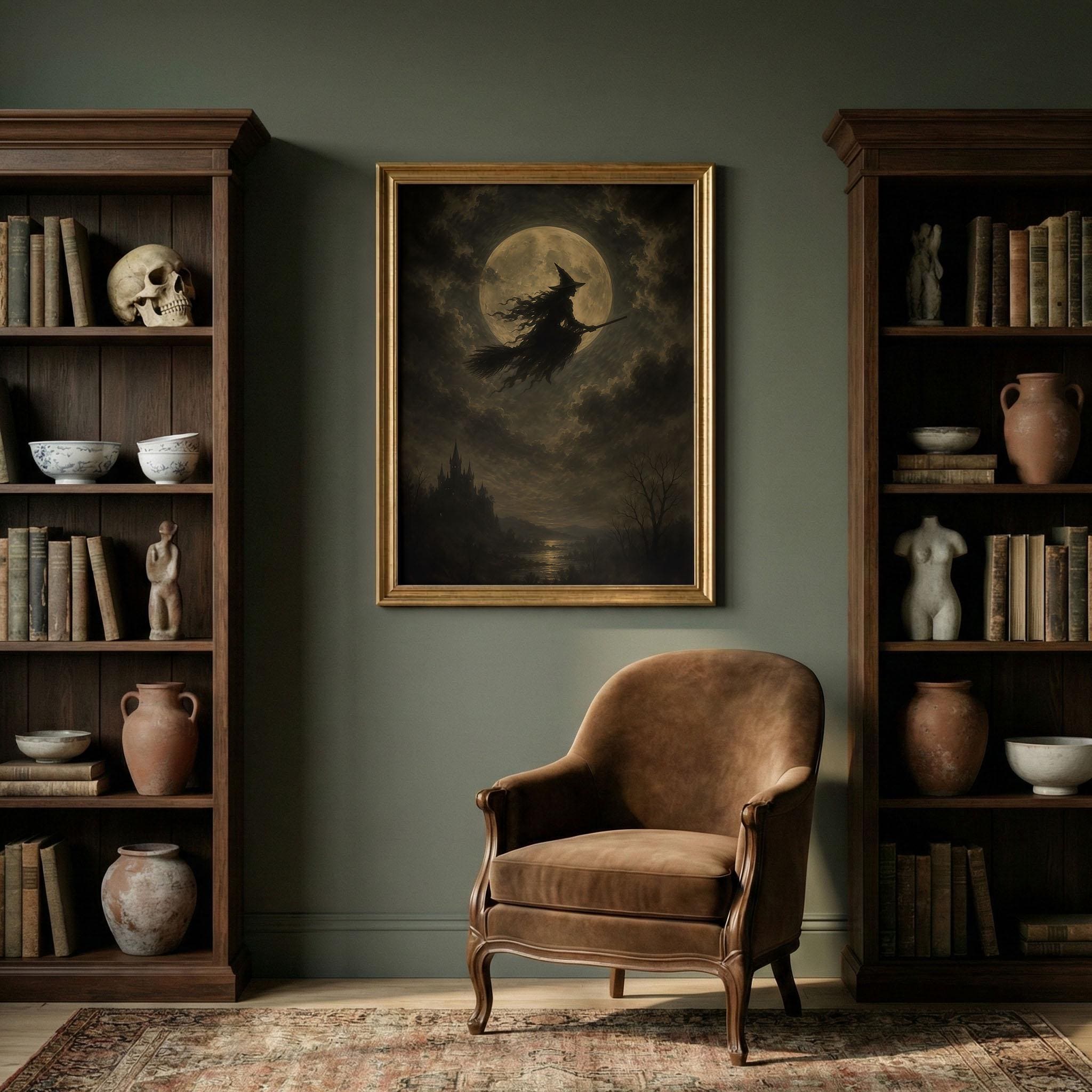 Flying Witch Moon Wall Art | Halloween Print | Dark Fantasy Decor | Gothic Witch Artwork | Spooky Night Sky