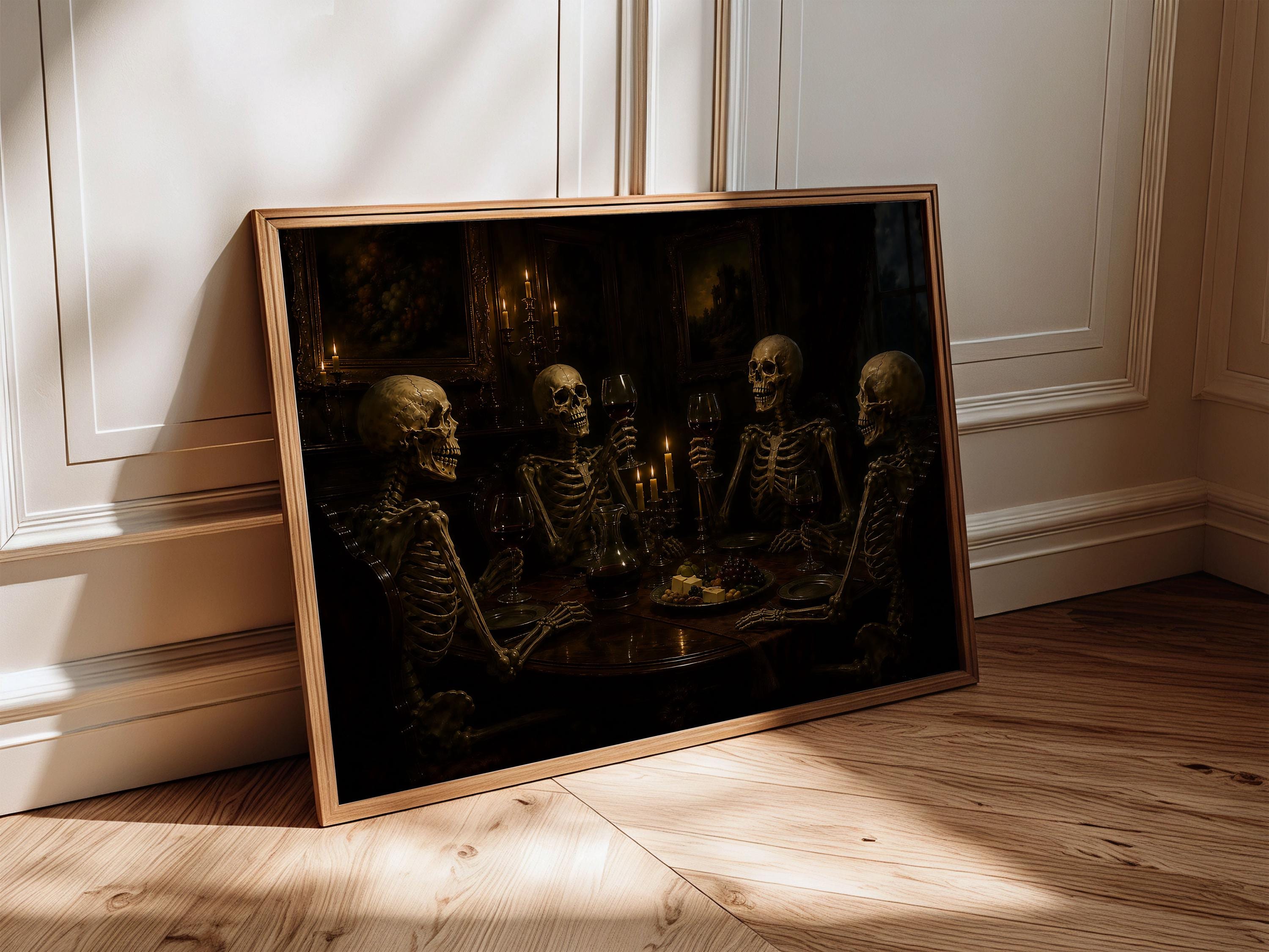 Skeleton Dinner Party Print | Halloween Wall Art | Dark Academia Gothic Decor | Macabre Dining Room Painting | Memento Mori Art