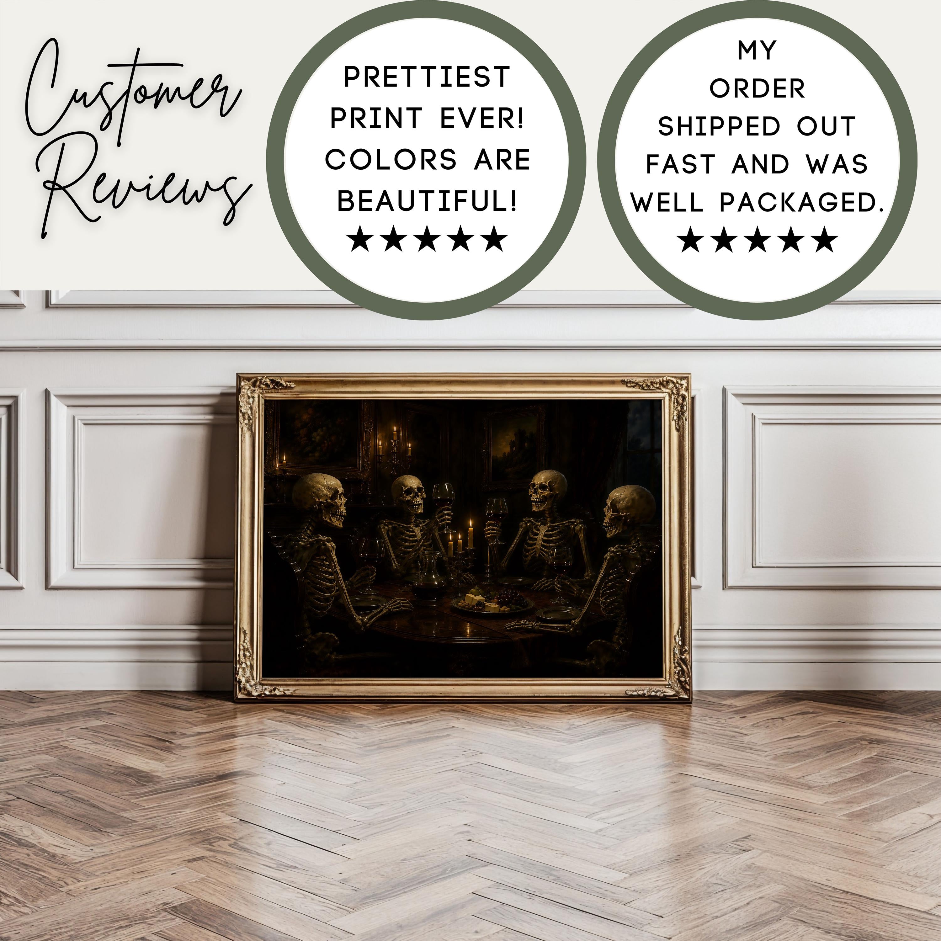 Skeleton Dinner Party Print | Halloween Wall Art | Dark Academia Gothic Decor | Macabre Dining Room Painting | Memento Mori Art