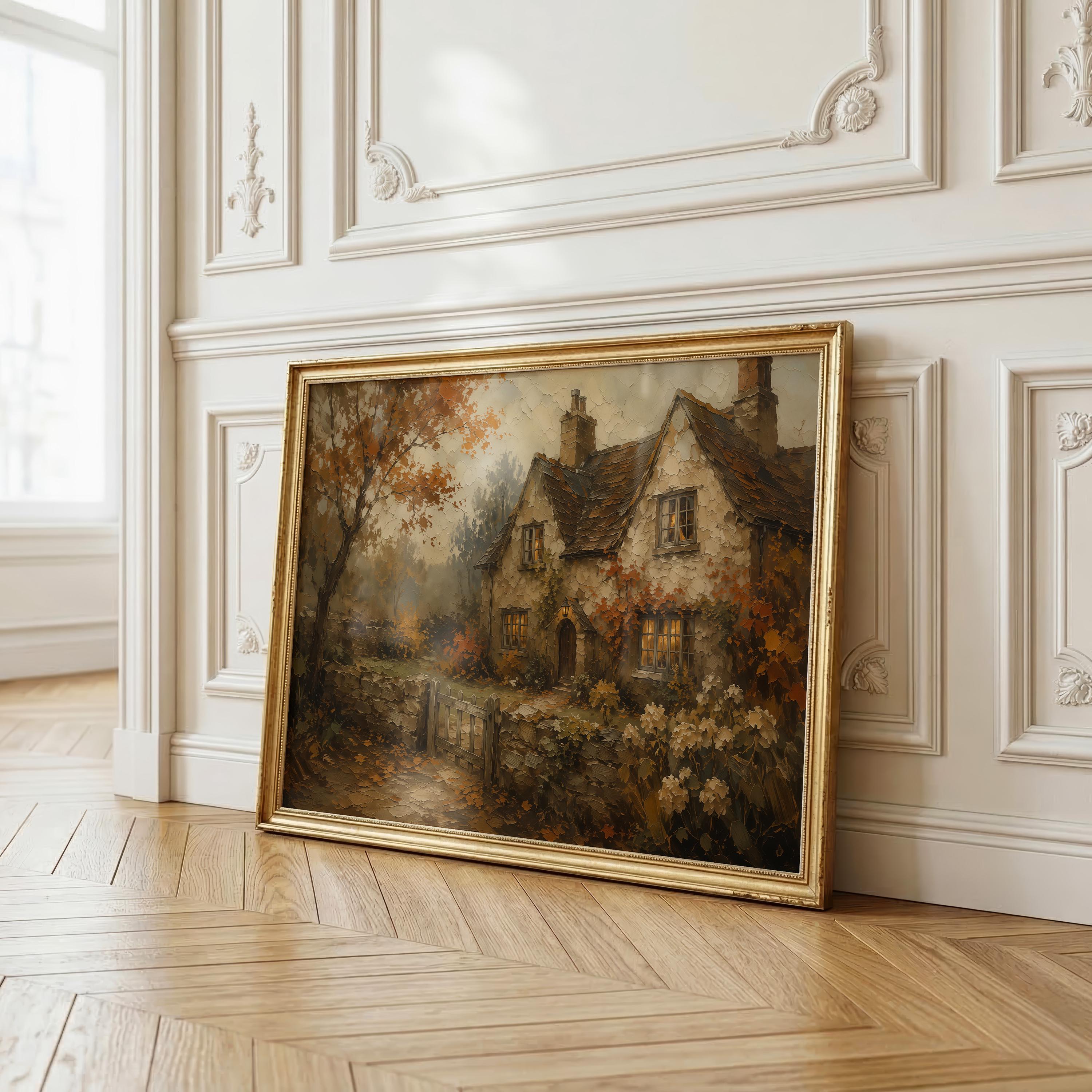 English Cottage Wall Art | Autumn Cottage Painting | Cottagecore Landscape Print | Rustic Farmhouse Decor | Fall Village Artwork