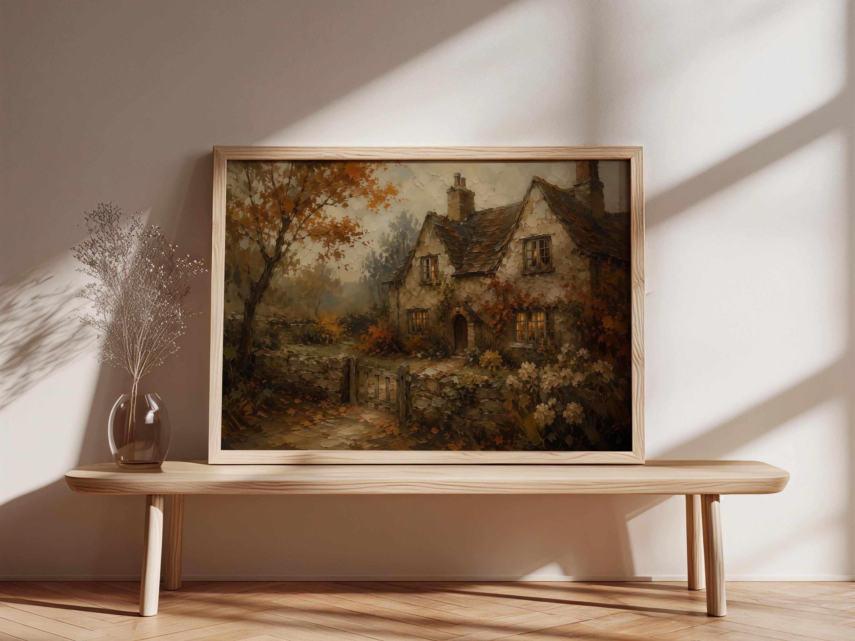 English Cottage Wall Art | Autumn Cottage Painting | Cottagecore Landscape Print | Rustic Farmhouse Decor | Fall Village Artwork