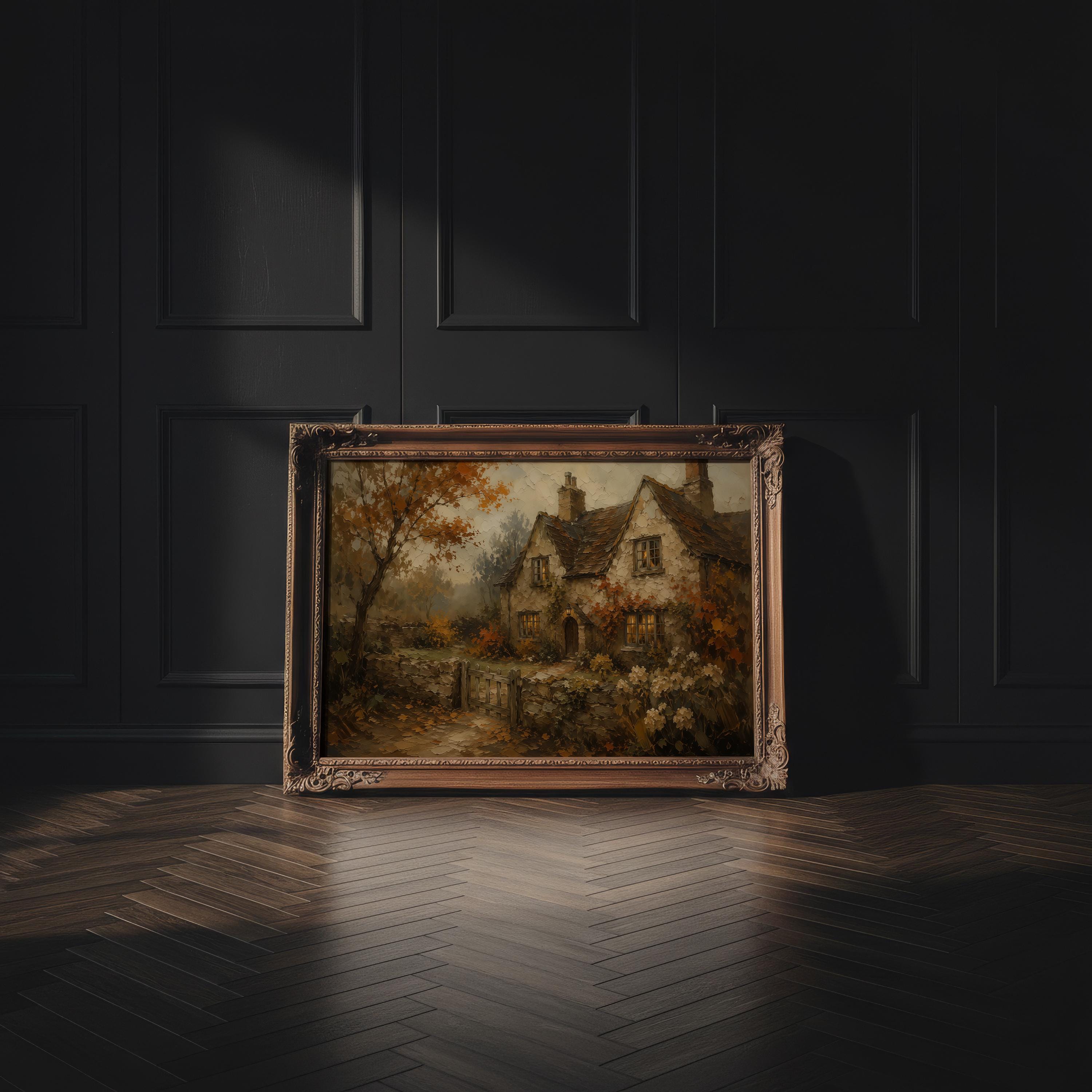 English Cottage Wall Art | Autumn Cottage Painting | Cottagecore Landscape Print | Rustic Farmhouse Decor | Fall Village Artwork