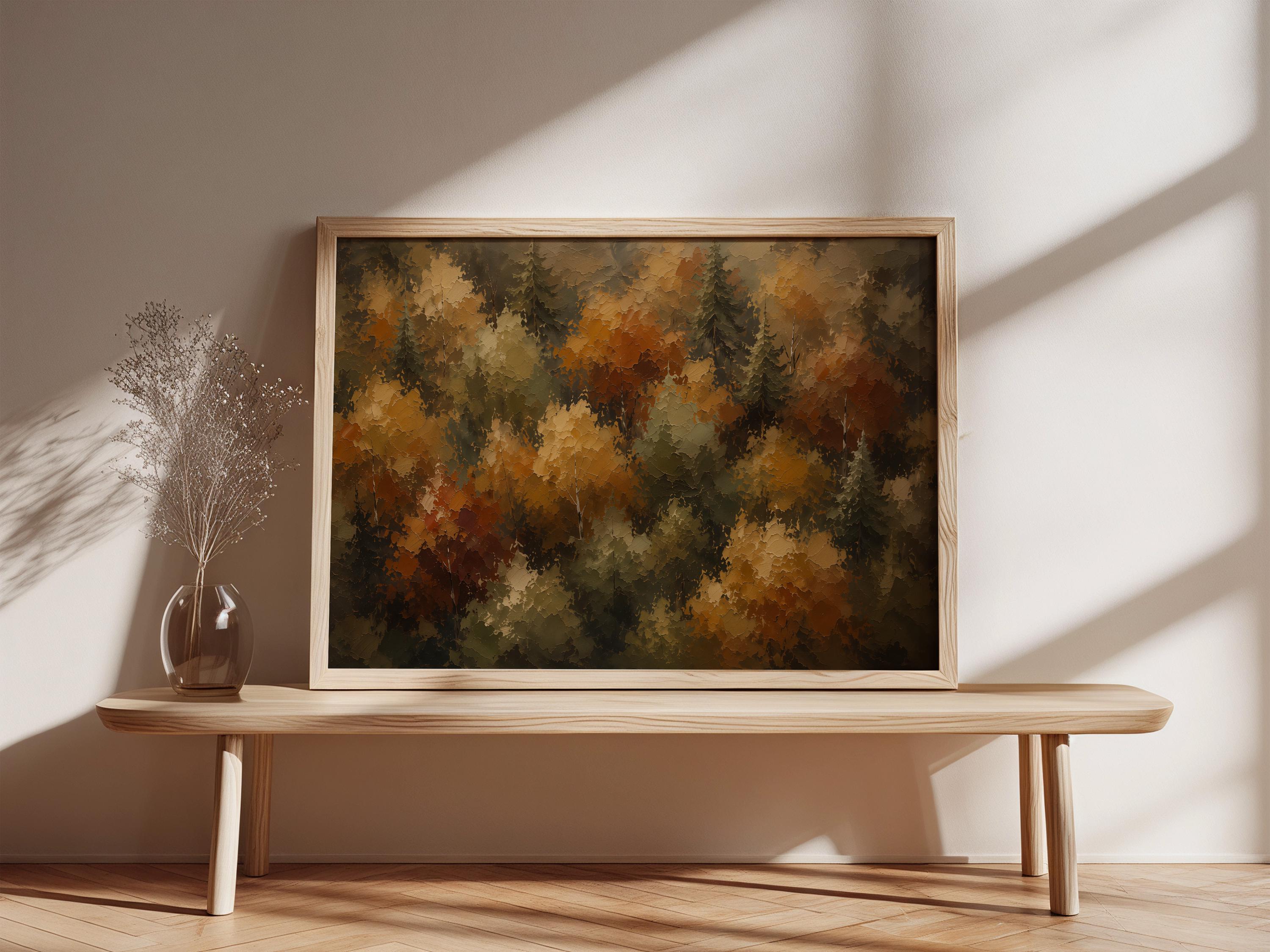 Autumn Forest Wall Art | Fall Foliage Painting | Aerial Woodland Landscape | Rustic Farmhouse Decor | Moody Nature Artwork