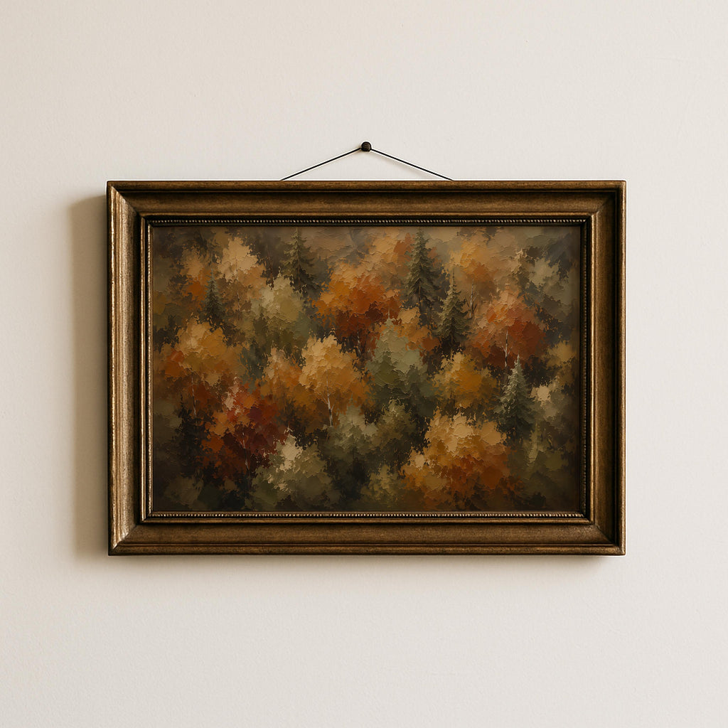 Autumn Forest Wall Art | Fall Foliage Painting | Aerial Woodland Landscape | Rustic Farmhouse Decor | Moody Nature Artwork