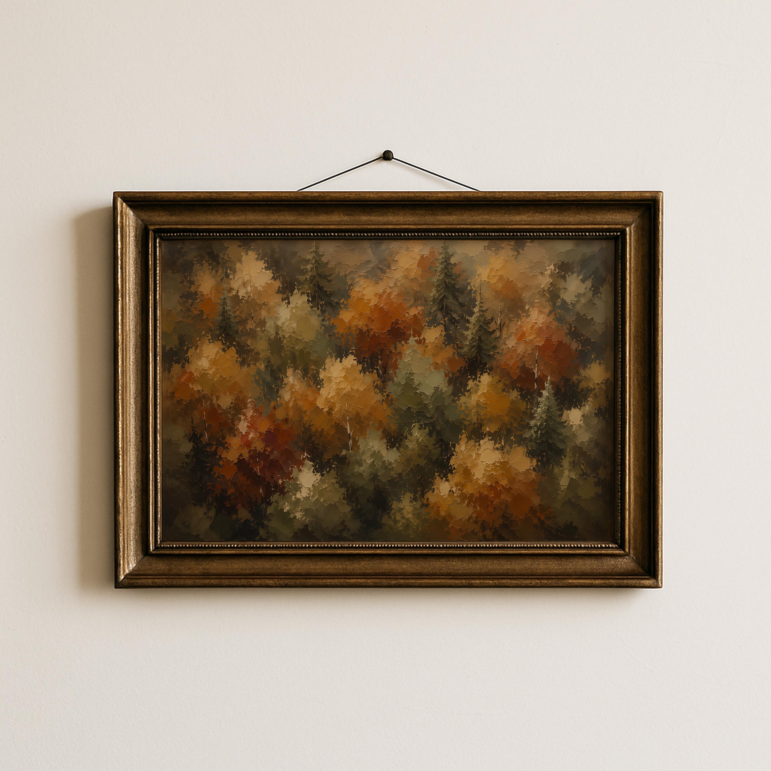 Autumn Forest Wall Art | Fall Foliage Painting | Aerial Woodland Landscape | Rustic Farmhouse Decor | Moody Nature Artwork