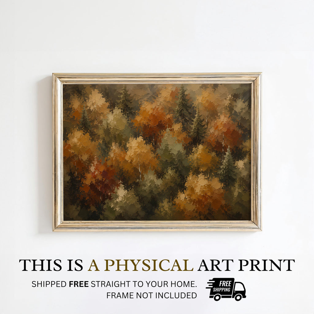 Autumn Forest Wall Art | Fall Foliage Painting | Aerial Woodland Landscape | Rustic Farmhouse Decor | Moody Nature Artwork