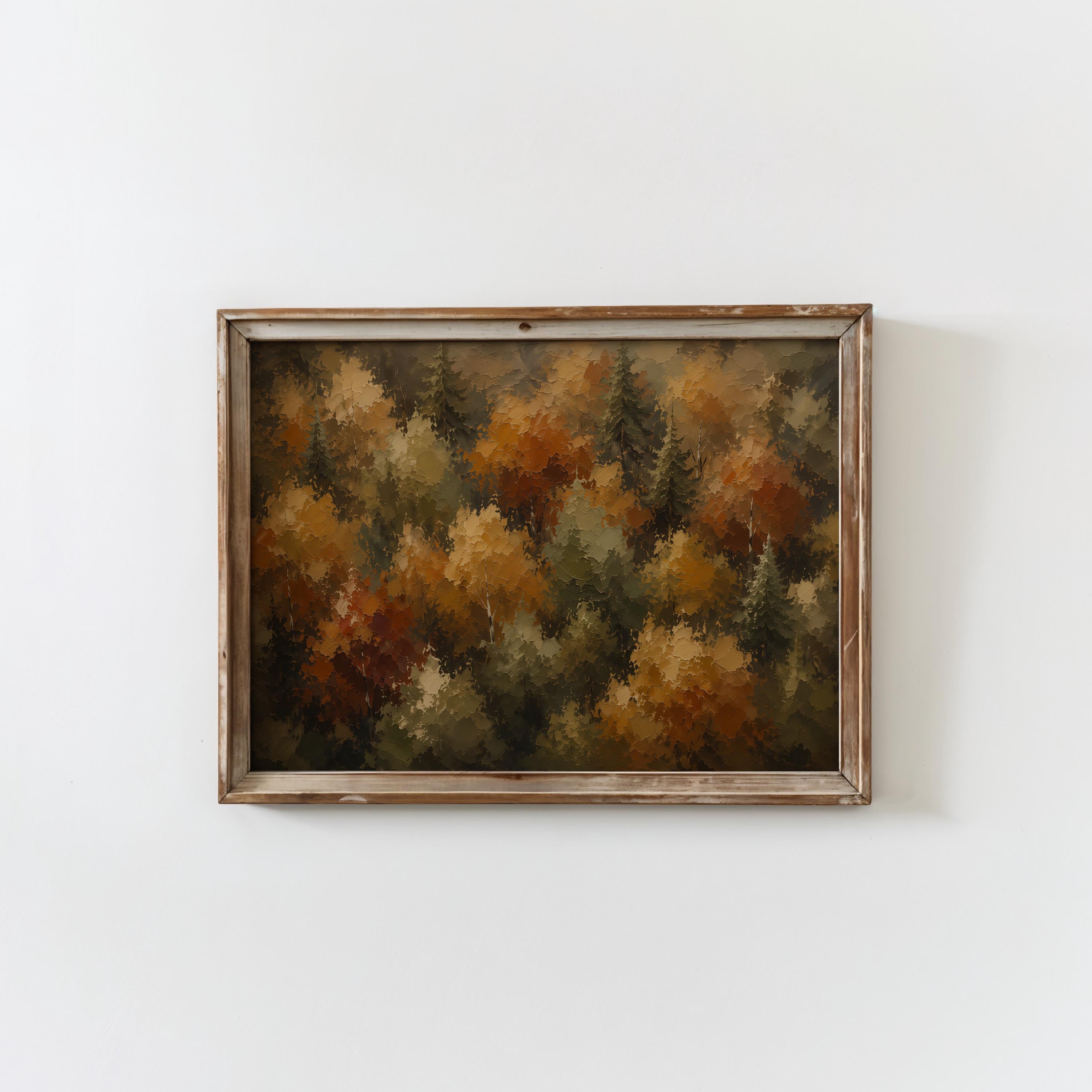 Autumn Forest Wall Art | Fall Foliage Painting | Aerial Woodland Landscape | Rustic Farmhouse Decor | Moody Nature Artwork