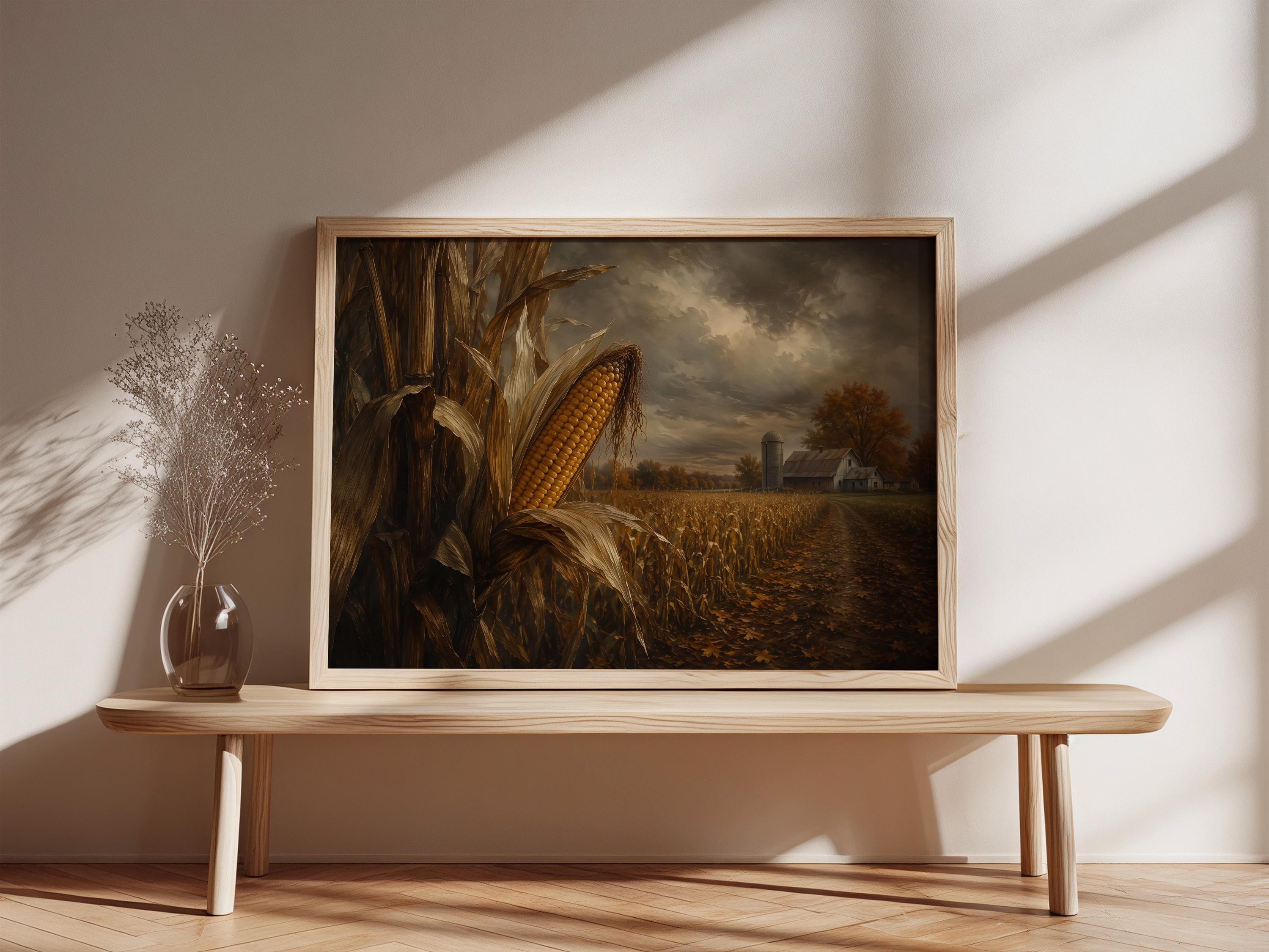 Corn Field Wall Art | Autumn Harvest Painting | Rustic Farmhouse Decor | Vintage Fall Landscape | Country Farm Artwork
