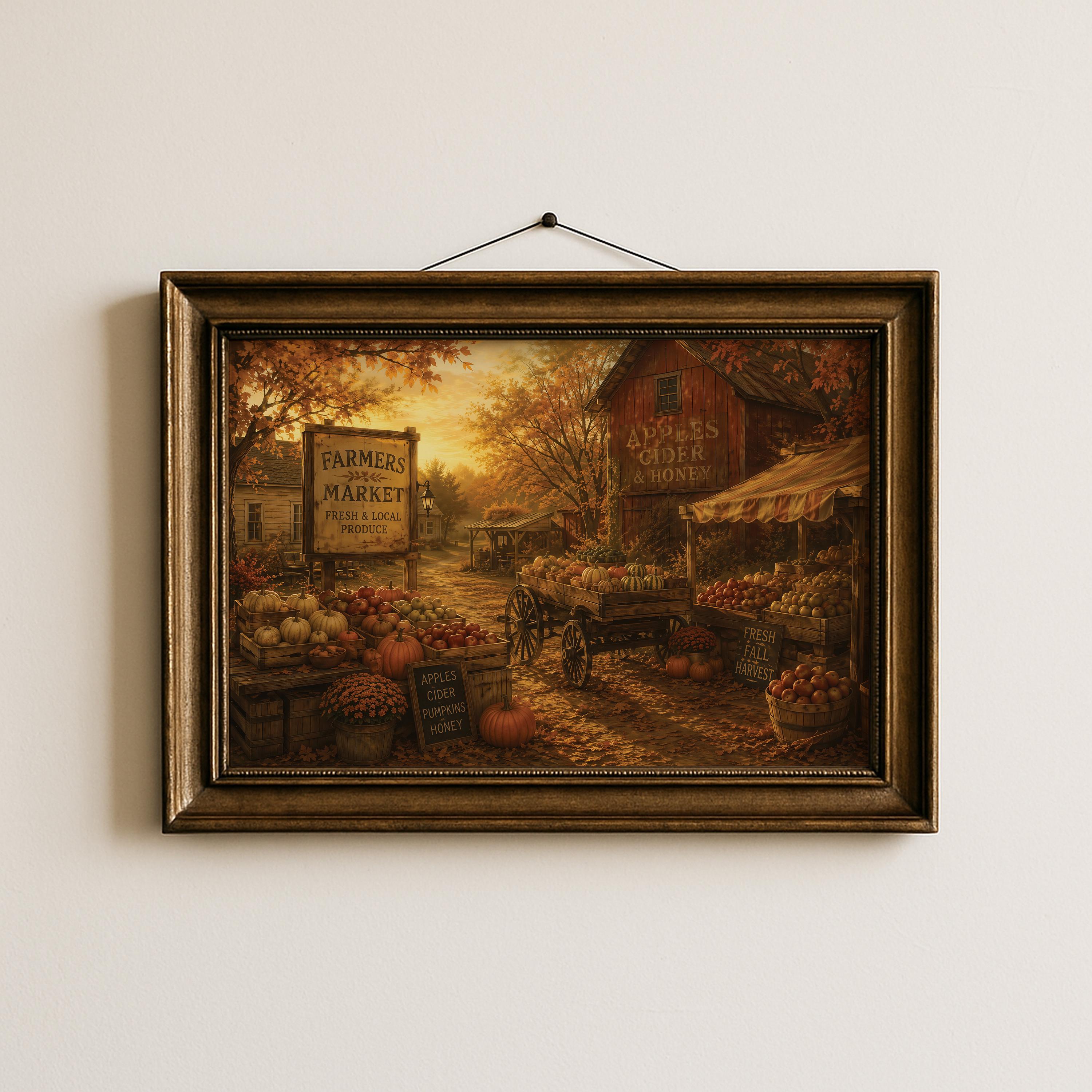 Vintage Farmers Market Wall Art | Autumn Market Painting | Rustic Farmhouse Decor | Harvest Season Artwork | Fall Village Print