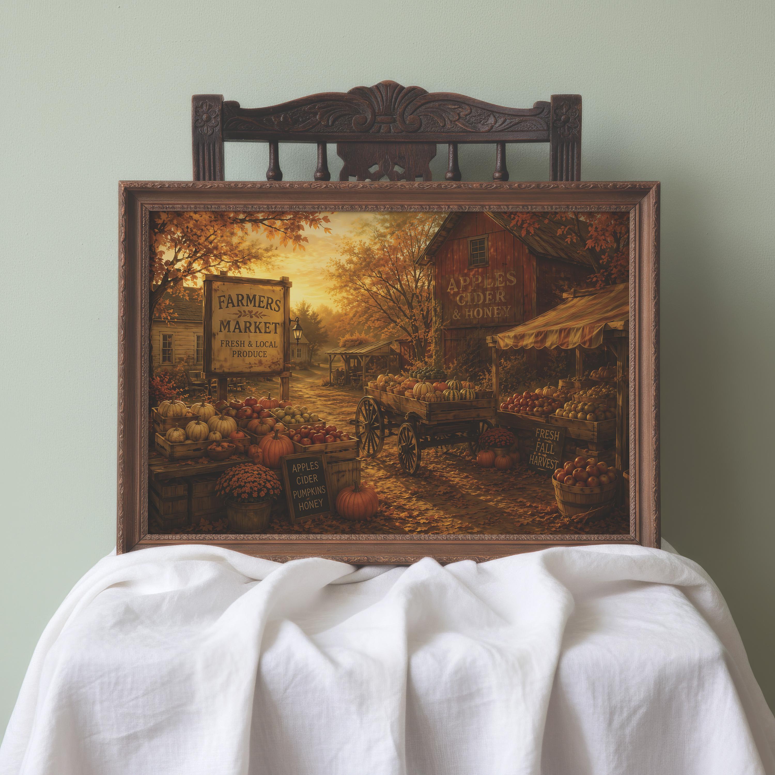 Vintage Farmers Market Wall Art | Autumn Market Painting | Rustic Farmhouse Decor | Harvest Season Artwork | Fall Village Print