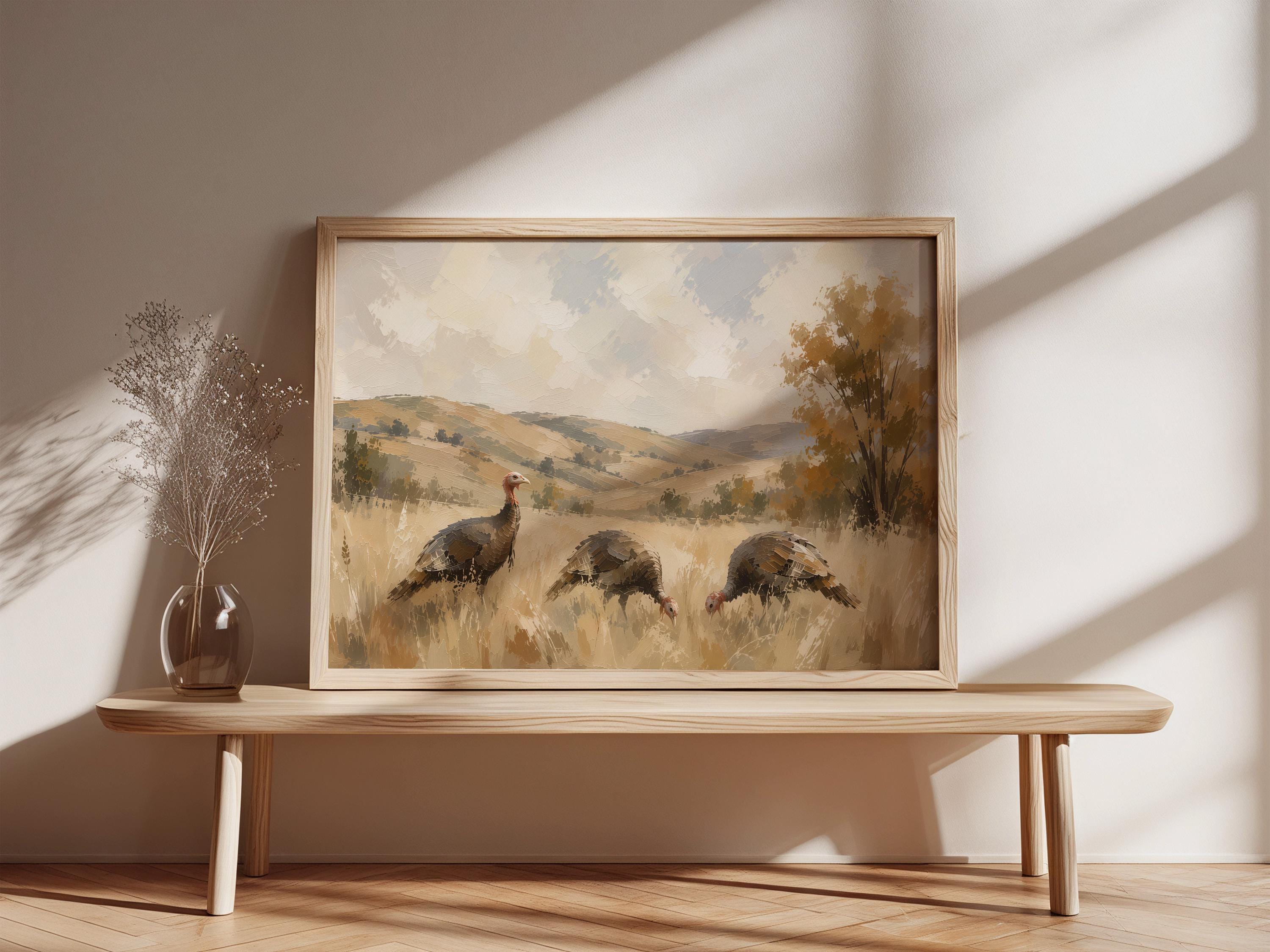 Wild Turkey Wall Art | Autumn Wildlife Painting | Rustic Cabin Decor | Vintage Woodland Artwork | Fall Turkeys Nature Print