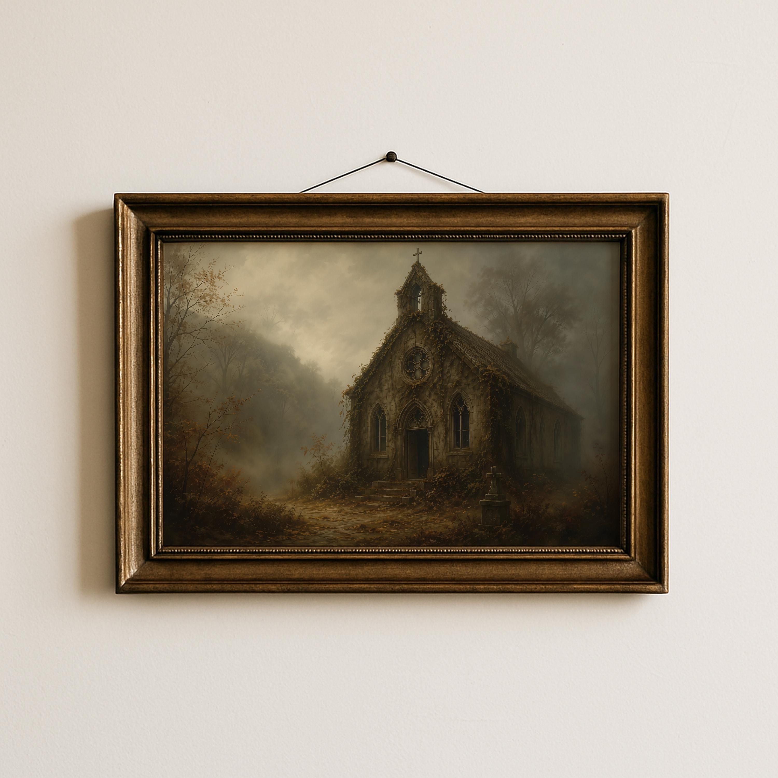 Abandoned Church Wall Art | Moody Gothic Chapel Painting | Dark Academia Decor | Haunted Ruins Landscape | Vintage Architecture