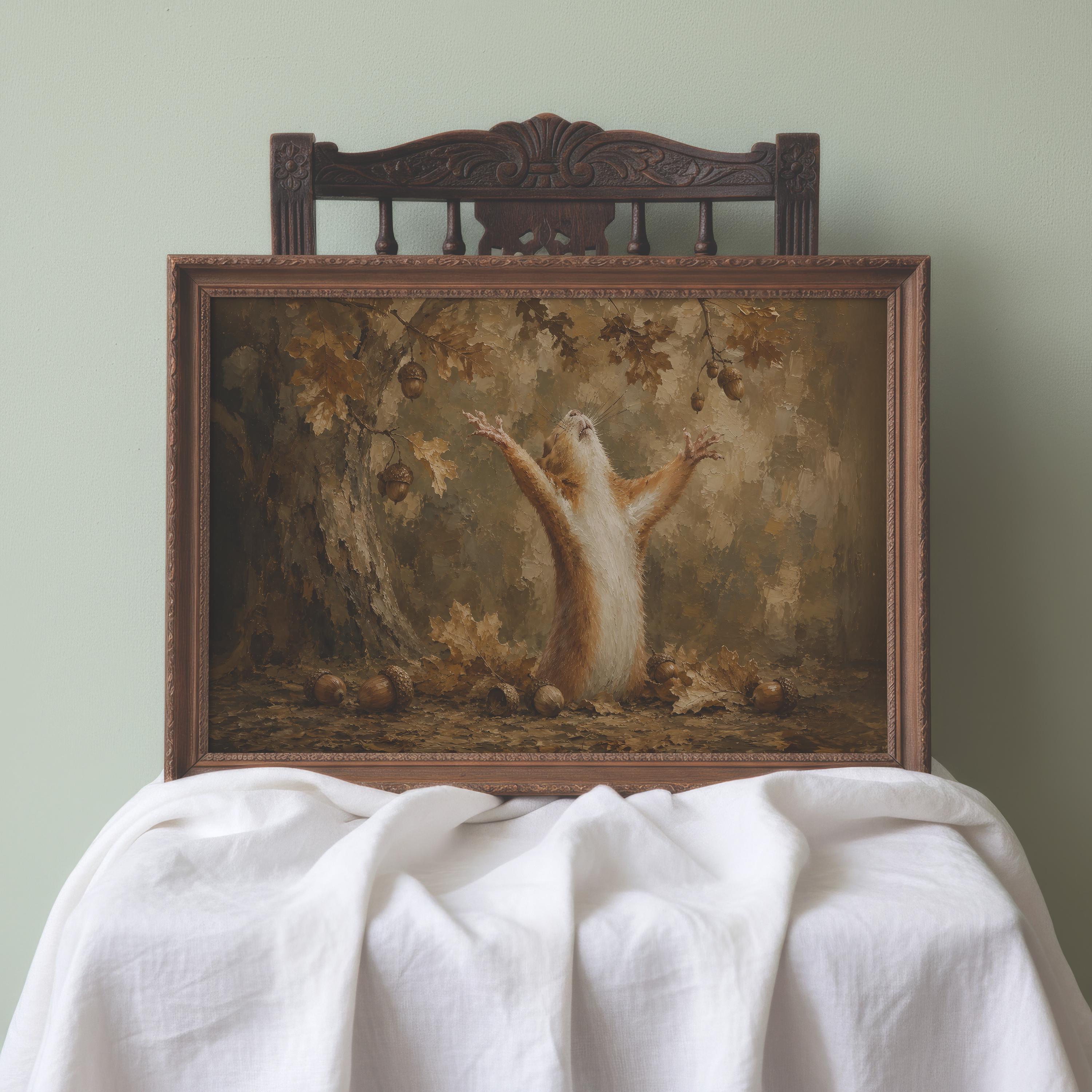 Grateful Chipmunk Wall Art | Funny Autumn Woodland Painting | Whimsical Fall Decor | Cottagecore Animal Artwork | Acorn Print
