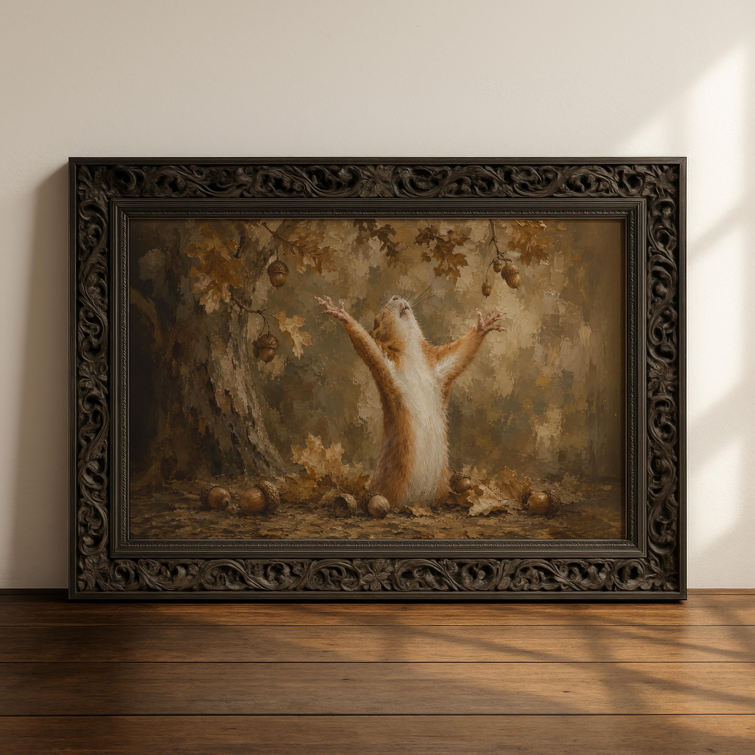 Grateful Chipmunk Wall Art | Funny Autumn Woodland Painting | Whimsical Fall Decor | Cottagecore Animal Artwork | Acorn Print