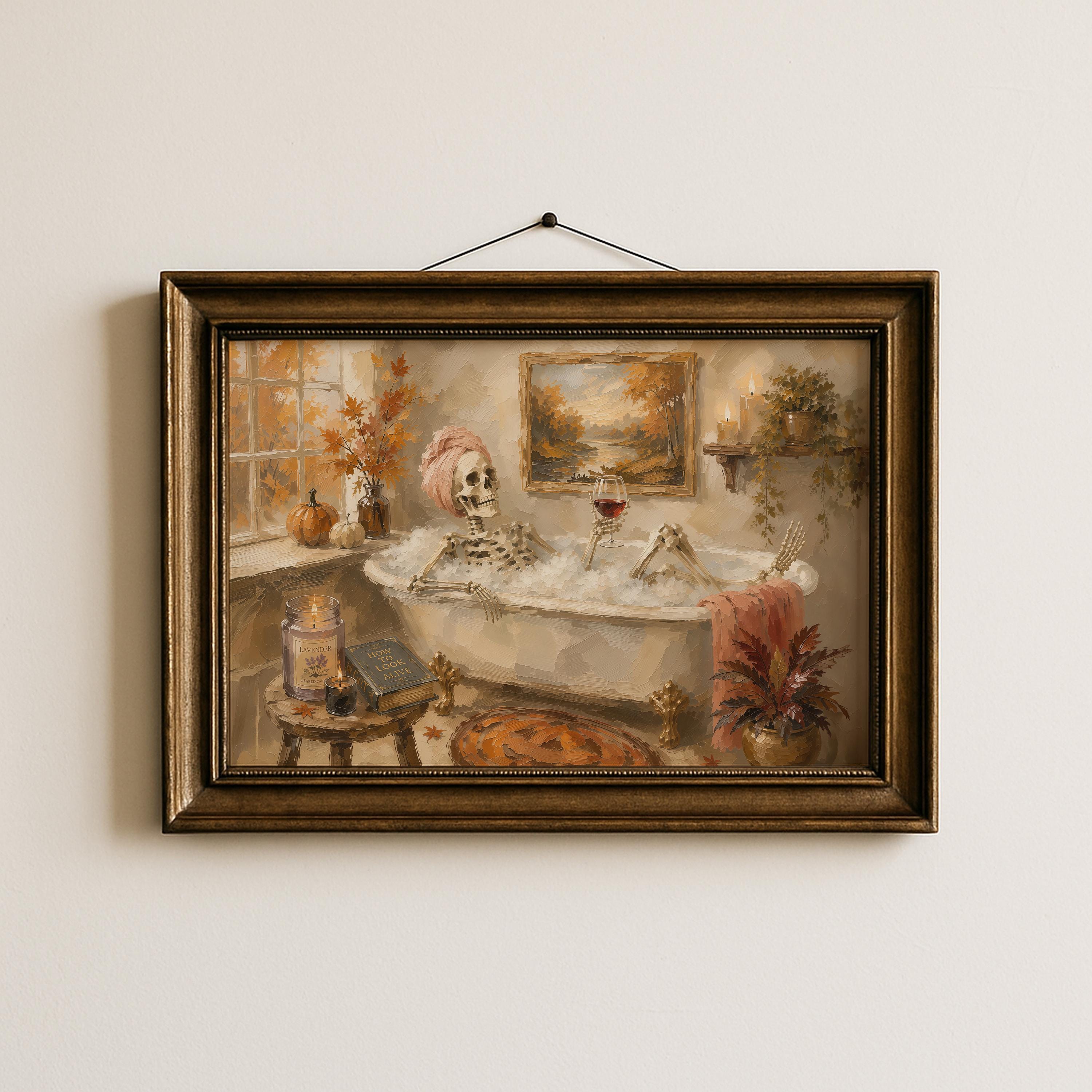 Skeleton Bubble Bath Wall Art | Skeleton Spa Painting | Funny Halloween Bathroom Decor | Vintage Gothic Humor Print | Spooky Artwork