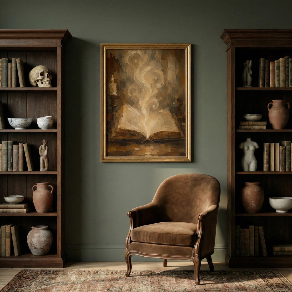 Magic Book Wall Art | Enchanted Library Print | Dark Academia Decor | Fantasy Book Painting | Wizard Study Artwork