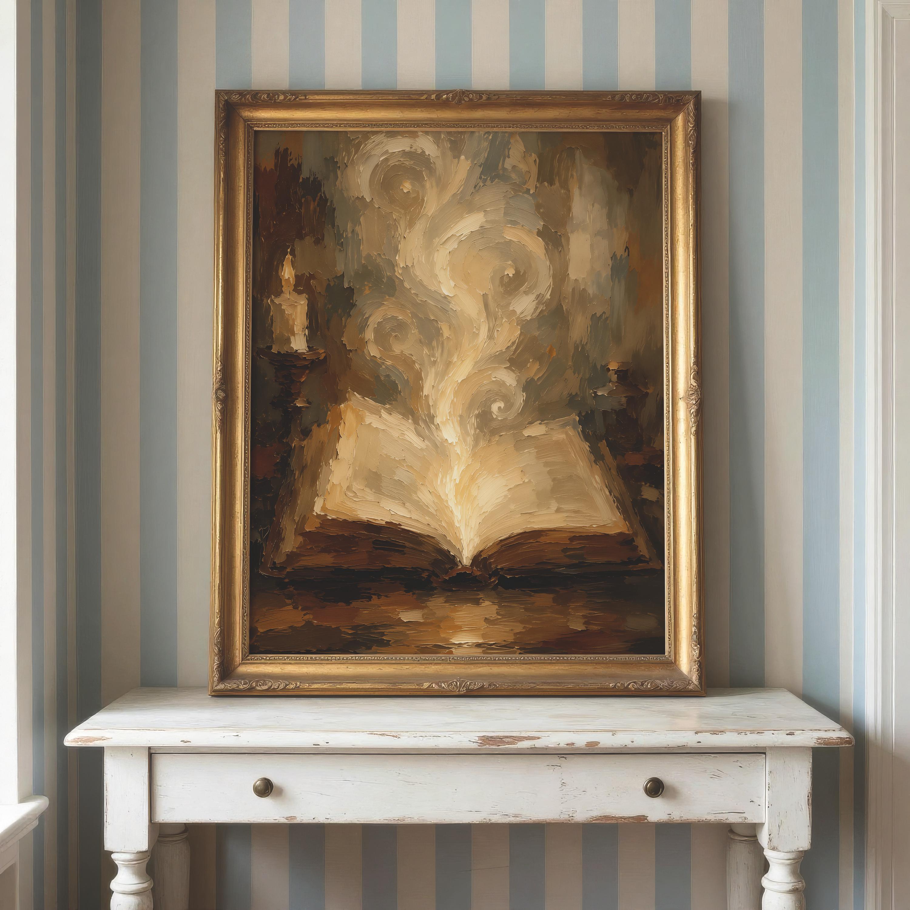 Magic Book Wall Art | Enchanted Library Print | Dark Academia Decor | Fantasy Book Painting | Wizard Study Artwork