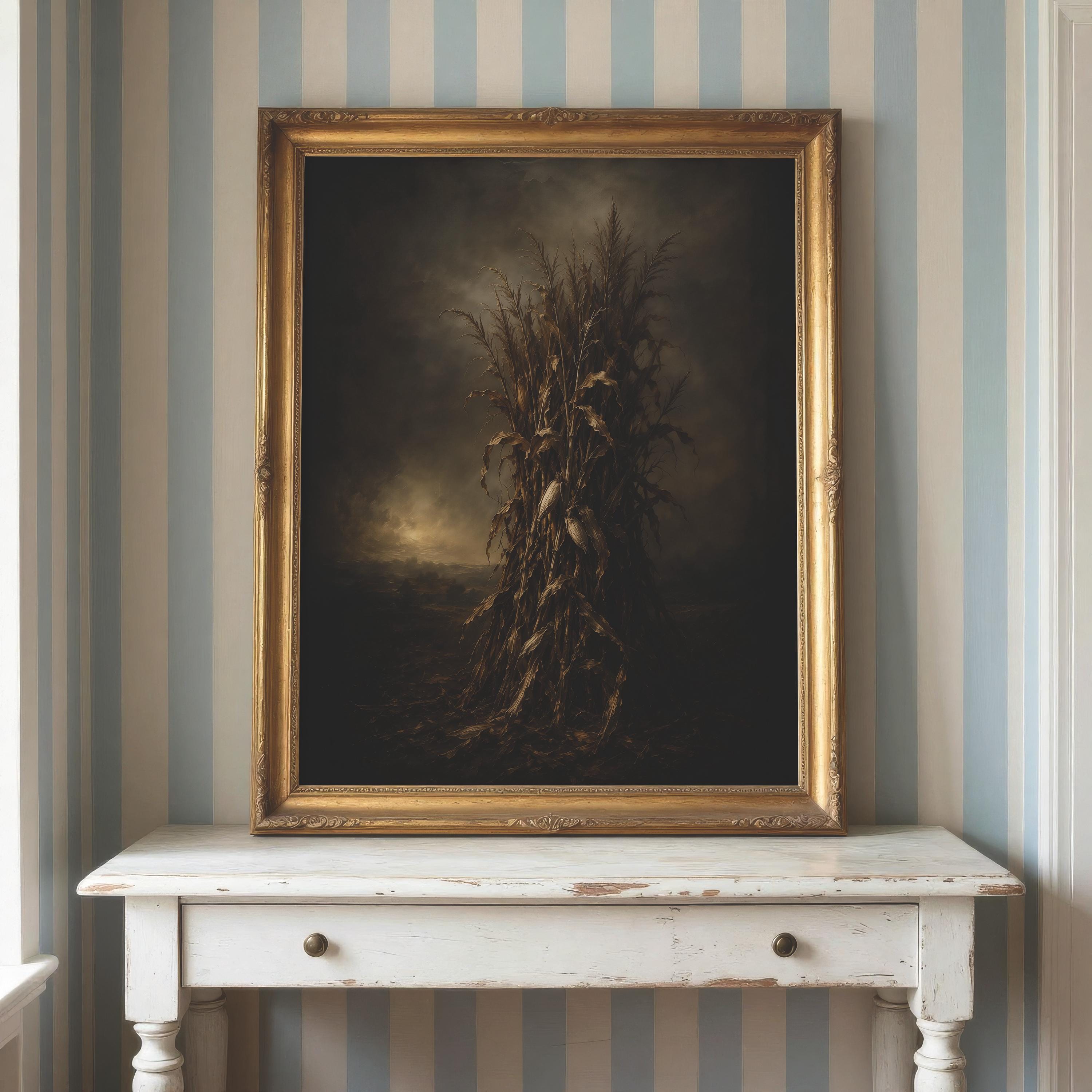 Autumn Cornstalk Wall Art | Moody Fall Harvest Print | Rustic Farmhouse Decor | Dark Cottagecore Artwork | Vintage Autumn Painting