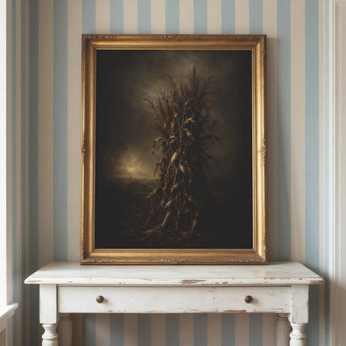 Autumn Cornstalk Wall Art | Moody Fall Harvest Print | Rustic Farmhouse Decor | Dark Cottagecore Artwork | Vintage Autumn Painting