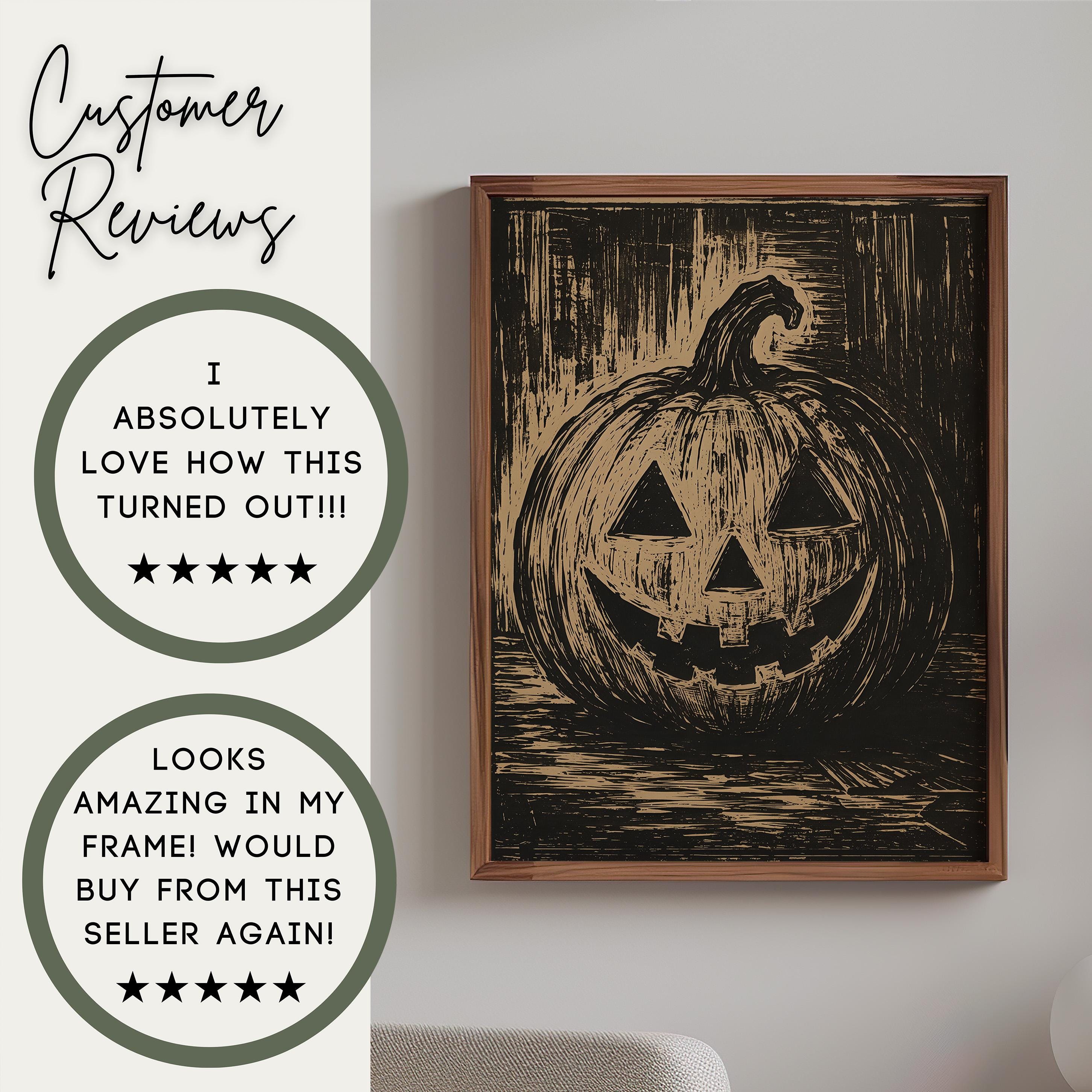 Pumpkin Linocut Wall Art | Vintage Halloween Print | Black and Beige Autumn Decor | Rustic Fall Artwork | Cottagecore Pumpkin