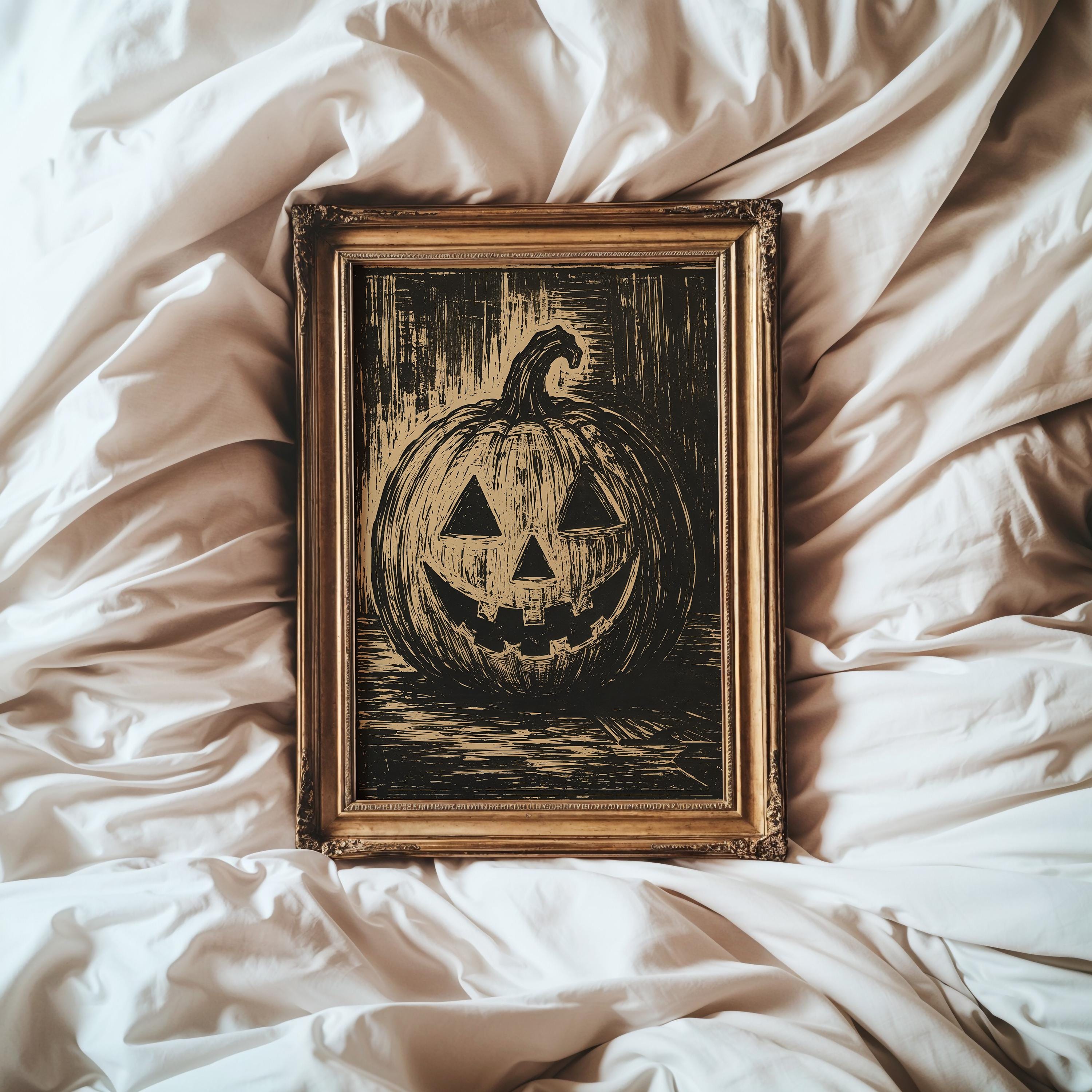 Pumpkin Linocut Wall Art | Vintage Halloween Print | Black and Beige Autumn Decor | Rustic Fall Artwork | Cottagecore Pumpkin