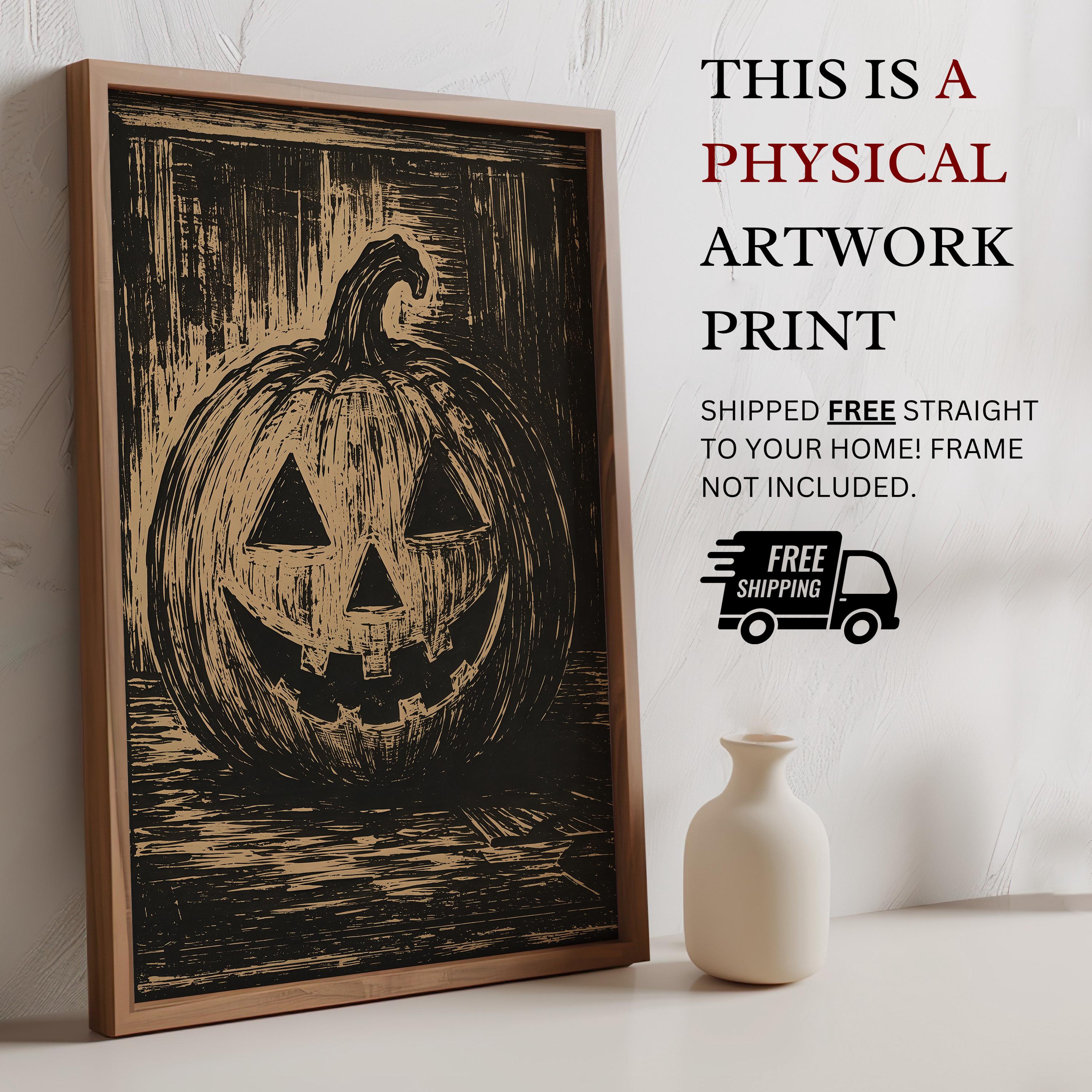 Pumpkin Linocut Wall Art | Vintage Halloween Print | Black and Beige Autumn Decor | Rustic Fall Artwork | Cottagecore Pumpkin