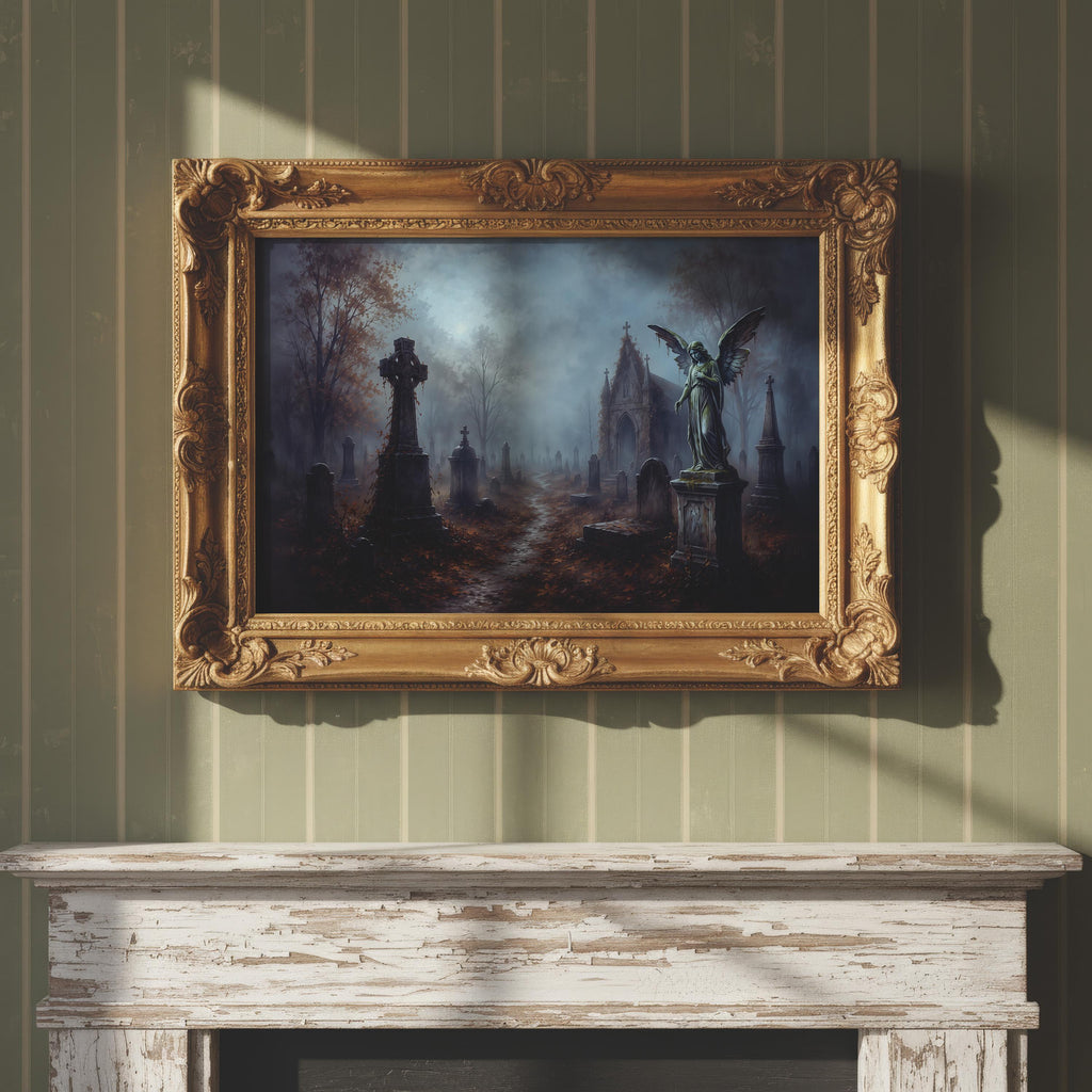 Moody Graveyard Wall Art | Gothic Cemetery Painting | Dark Academia Decor | Haunted Landscape Artwork | Halloween Graveyard Print