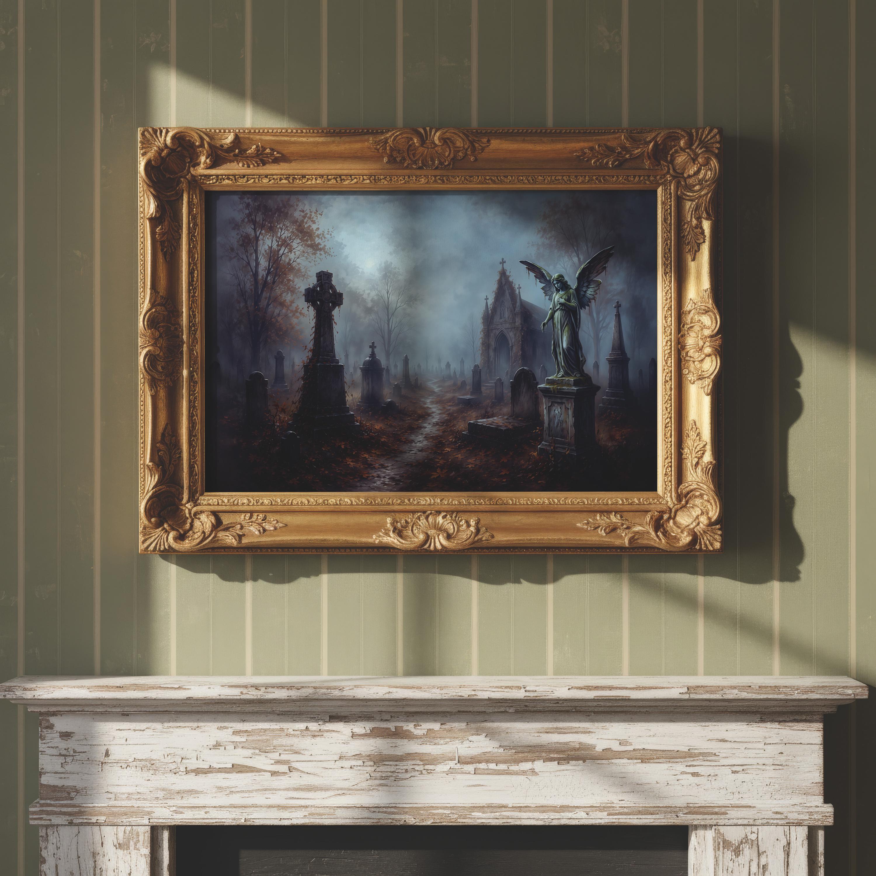 Moody Graveyard Wall Art | Gothic Cemetery Painting | Dark Academia Decor | Haunted Landscape Artwork | Halloween Graveyard Print