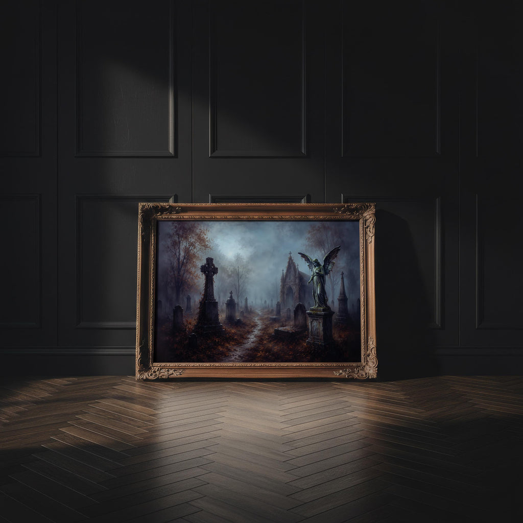 Moody Graveyard Wall Art | Gothic Cemetery Painting | Dark Academia Decor | Haunted Landscape Artwork | Halloween Graveyard Print
