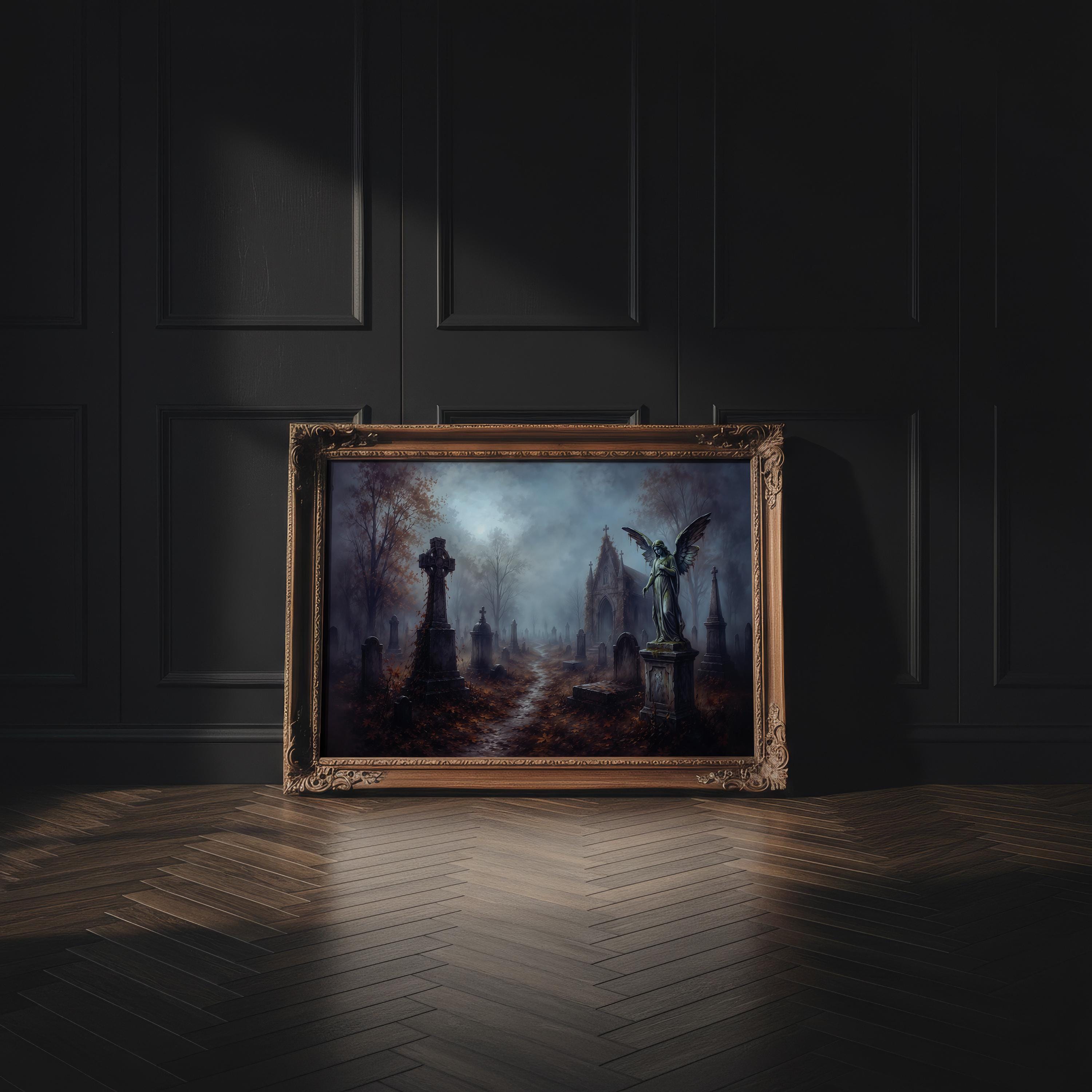 Moody Graveyard Wall Art | Gothic Cemetery Painting | Dark Academia Decor | Haunted Landscape Artwork | Halloween Graveyard Print