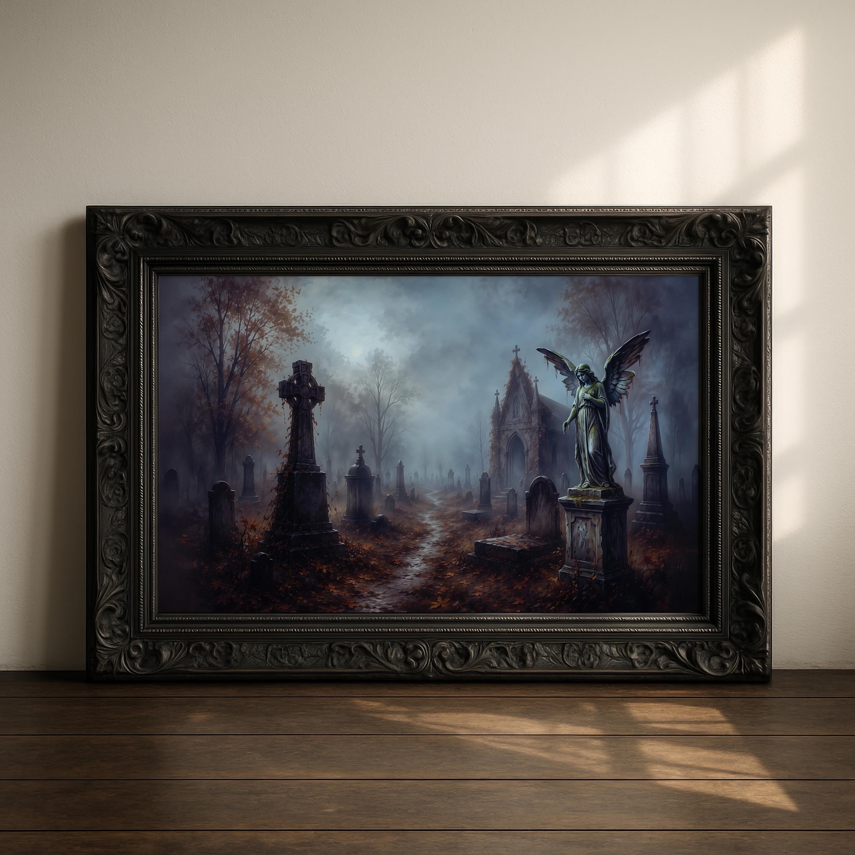 Moody Graveyard Wall Art | Gothic Cemetery Painting | Dark Academia Decor | Haunted Landscape Artwork | Halloween Graveyard Print