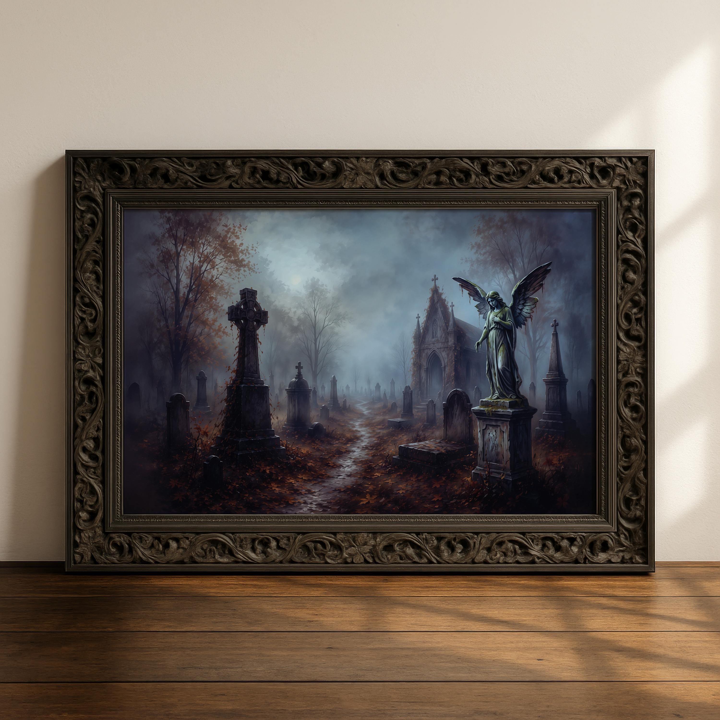 Moody Graveyard Wall Art | Gothic Cemetery Painting | Dark Academia Decor | Haunted Landscape Artwork | Halloween Graveyard Print
