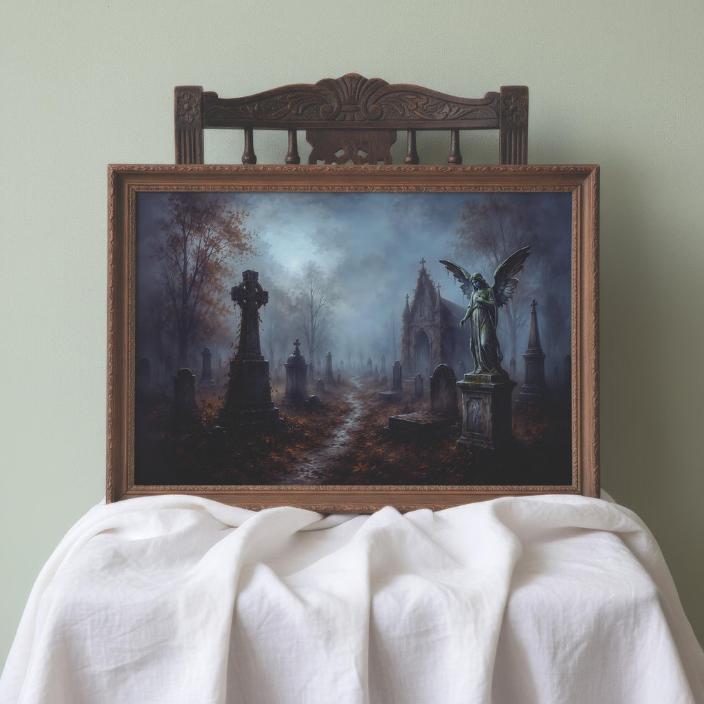 Moody Graveyard Wall Art | Gothic Cemetery Painting | Dark Academia Decor | Haunted Landscape Artwork | Halloween Graveyard Print