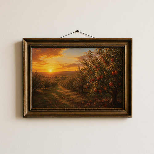 Apple Orchard Wall Art | Golden Hour Autumn Painting | Rustic Farmhouse Decor | Vintage Fall Landscape | Cottagecore Artwork