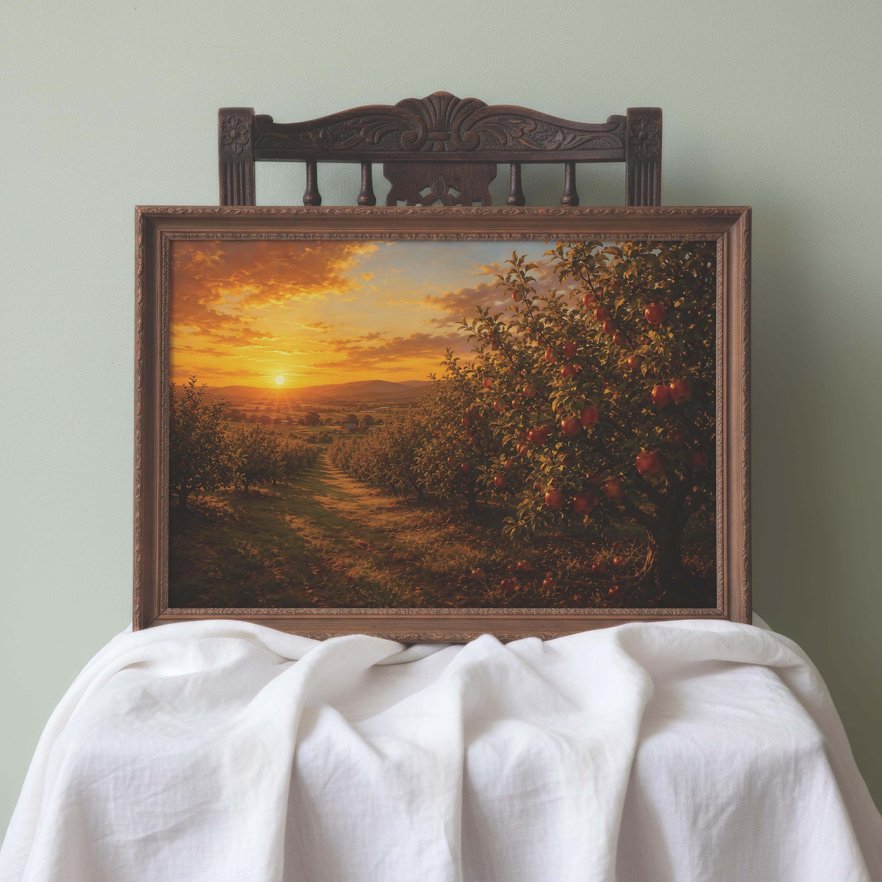 Apple Orchard Wall Art | Golden Hour Autumn Painting | Rustic Farmhouse Decor | Vintage Fall Landscape | Cottagecore Artwork