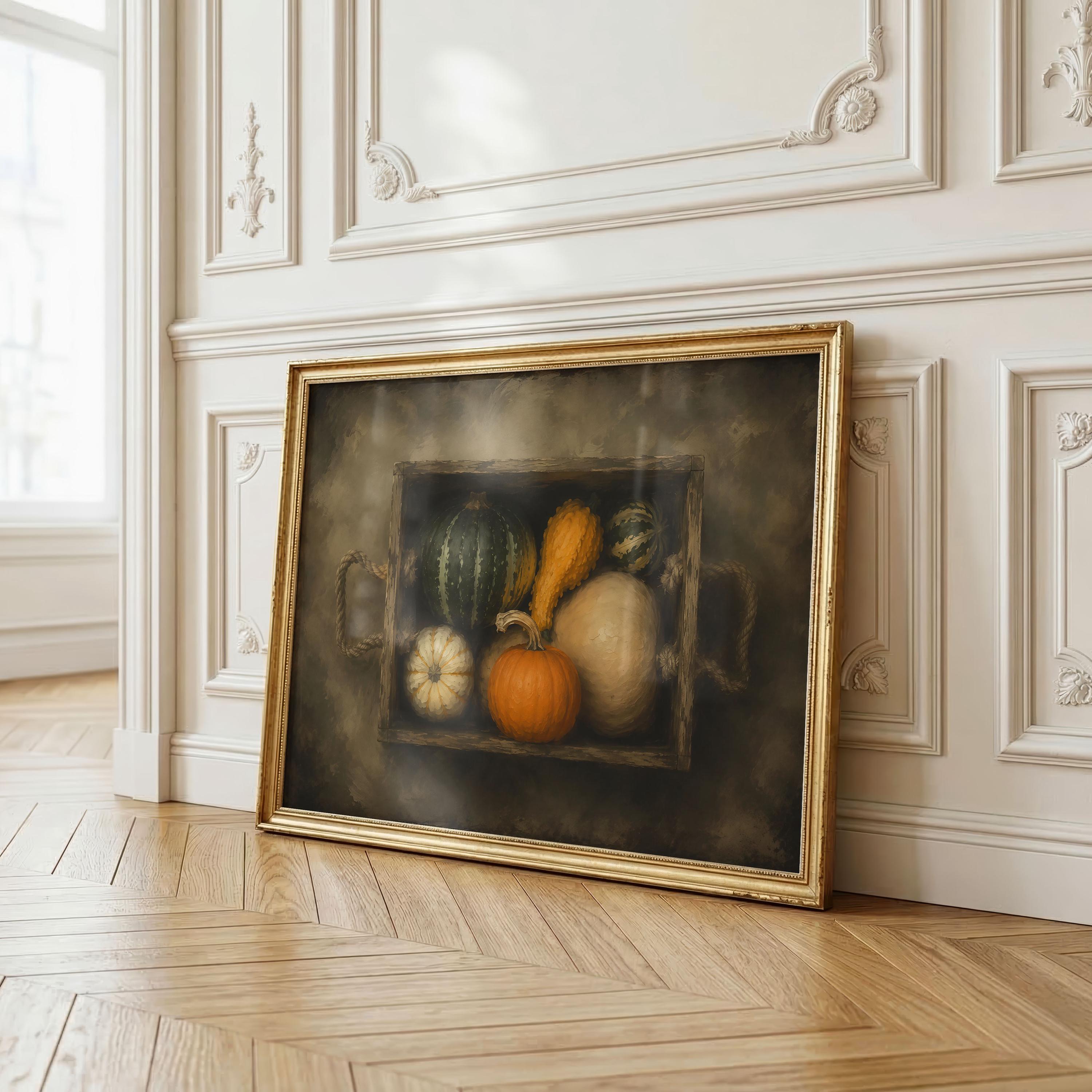 Autumn Gourds Wall Art | Vintage Harvest Still Life | Rustic Farmhouse Decor | Fall Kitchen Artwork | Cottagecore Painting