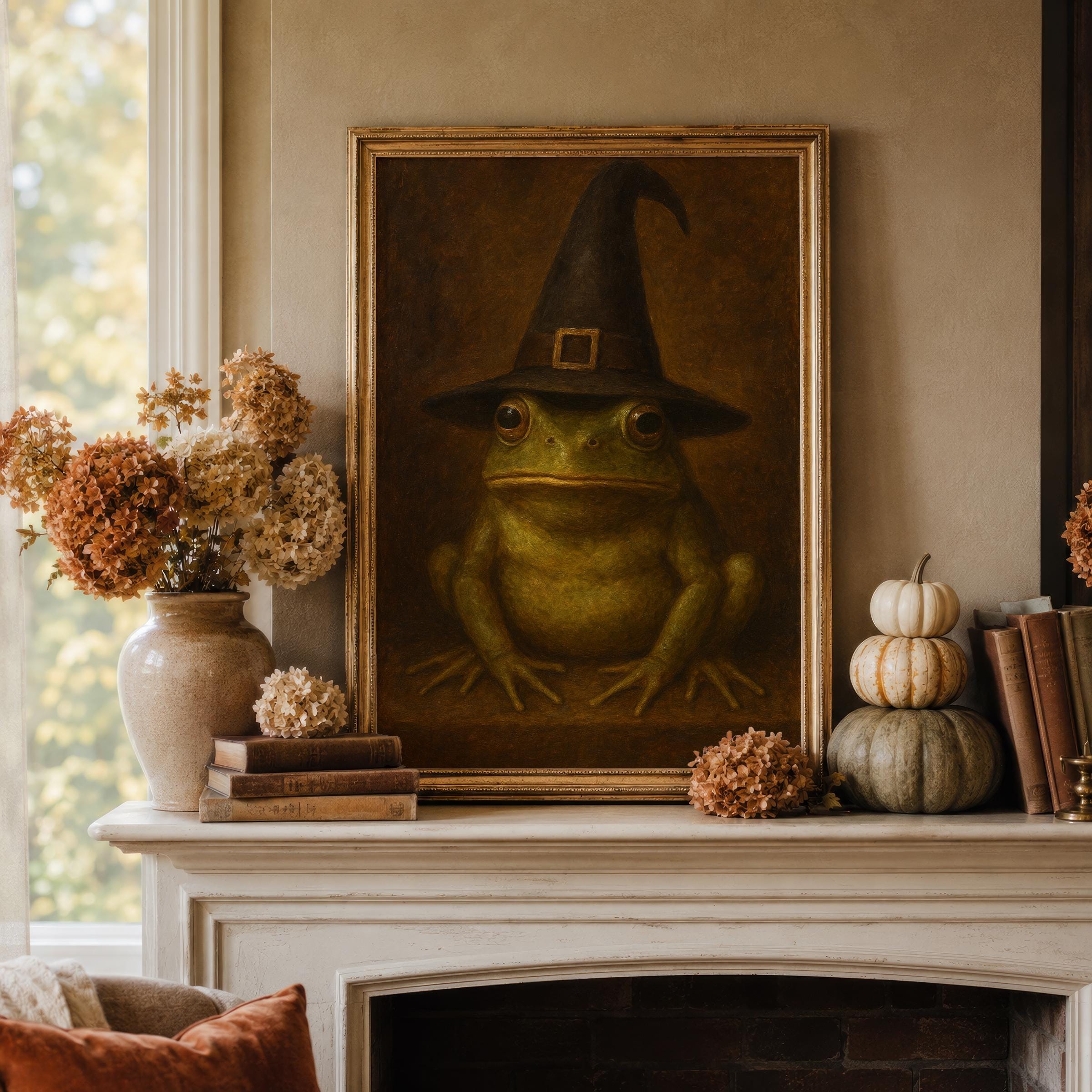 Moody Halloween Painting | Frog in Witch Hat Print | Vintage Victorian Toad Witchy Art | Dark Moody Decor | Dark Academia Frog Art