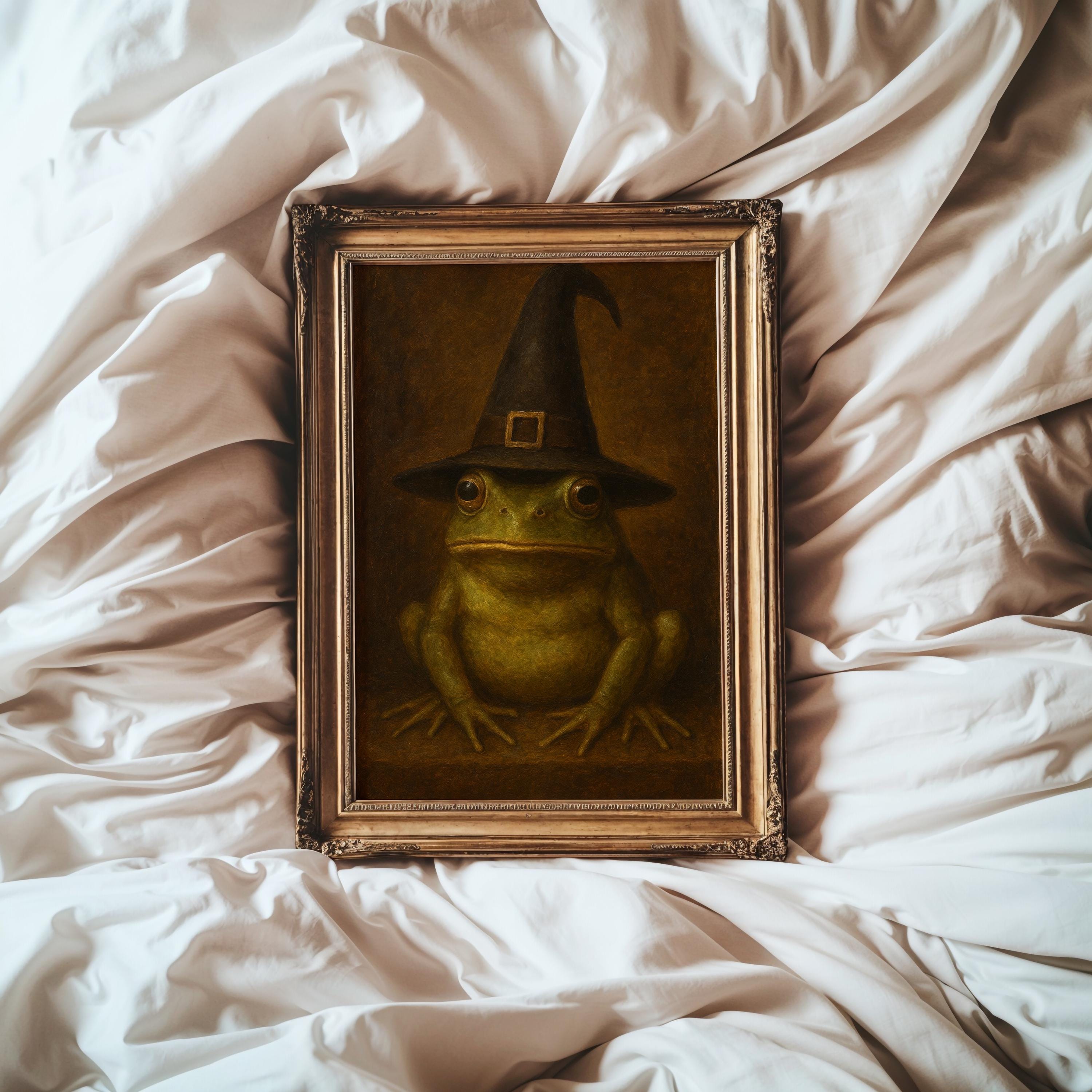 Moody Halloween Painting | Frog in Witch Hat Print | Vintage Victorian Toad Witchy Art | Dark Moody Decor | Dark Academia Frog Art