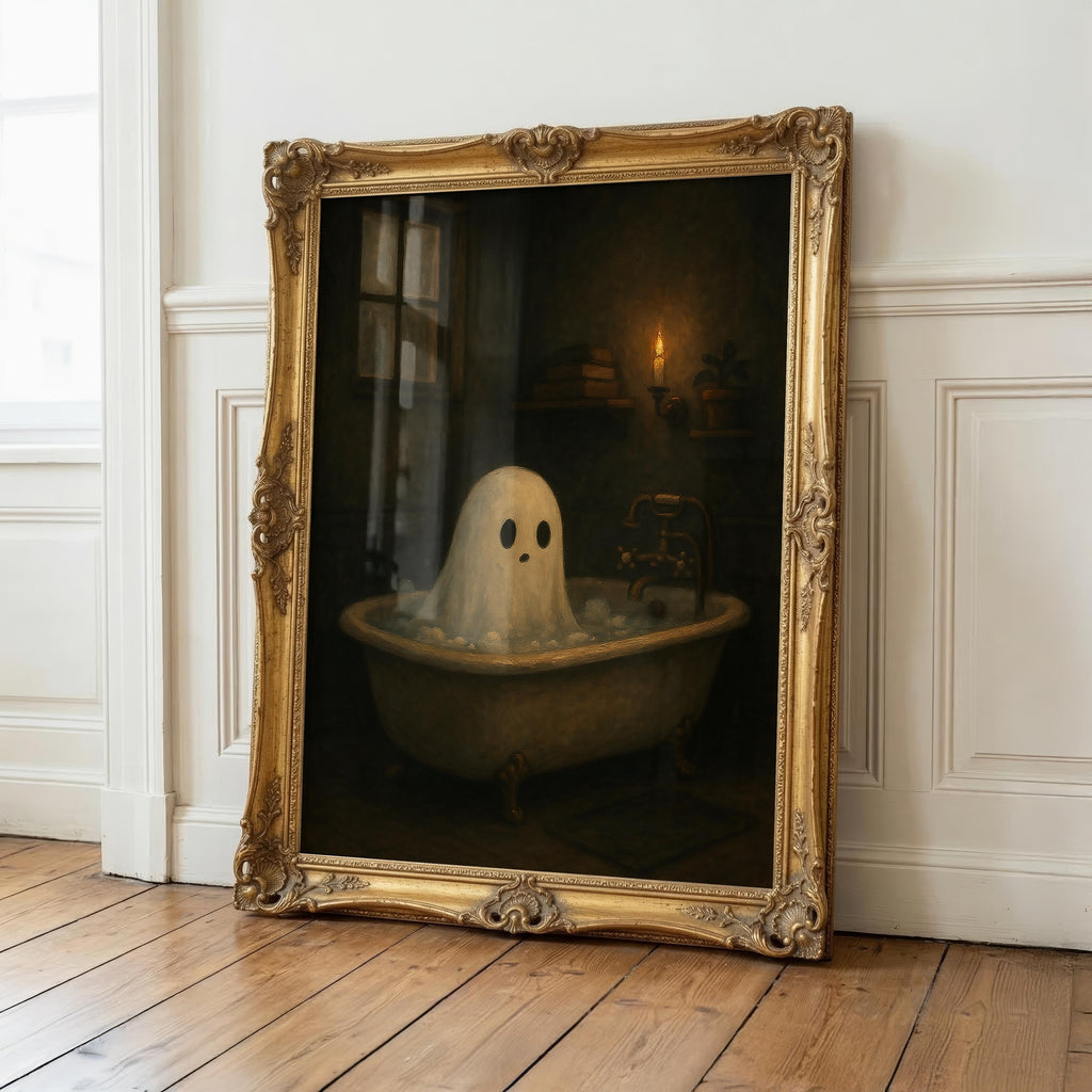 Halloween Ghost Print | Ghost in Bathtub Wall Decor | Haunted Aesthetic | Moody Halloween Bathroom Art | Moody Bathing Ghost