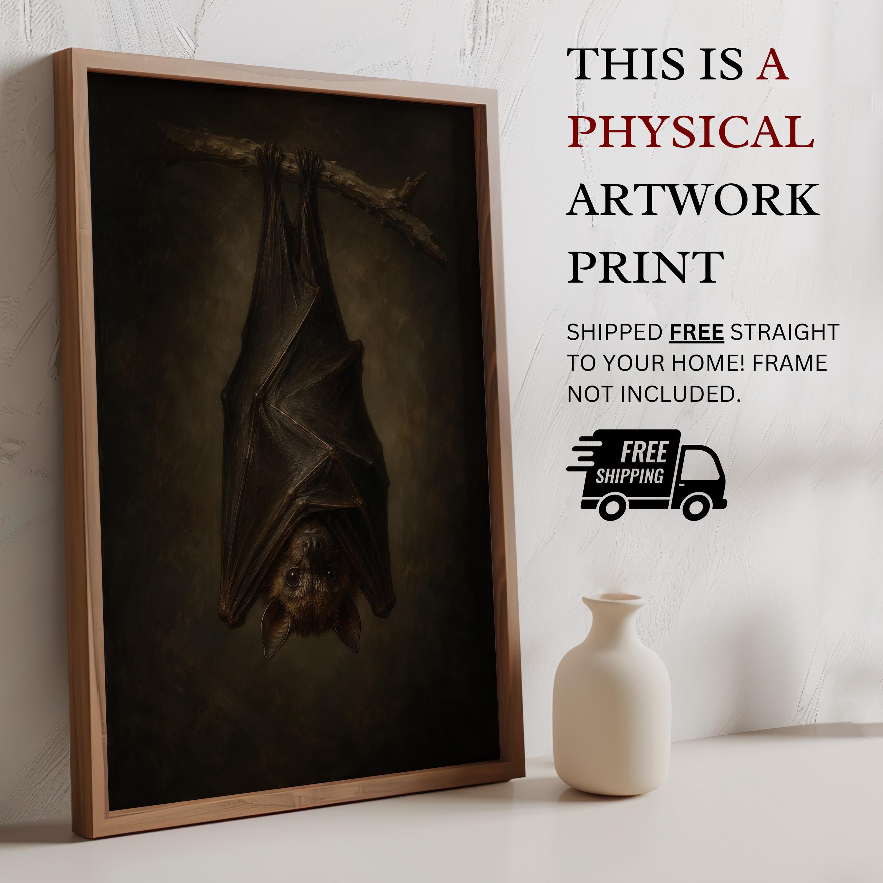 Moody Bat Wall Art | Dark Academia Hanging Bat Decor | Gothic Witchcore Print | Vintage Halloween Painting