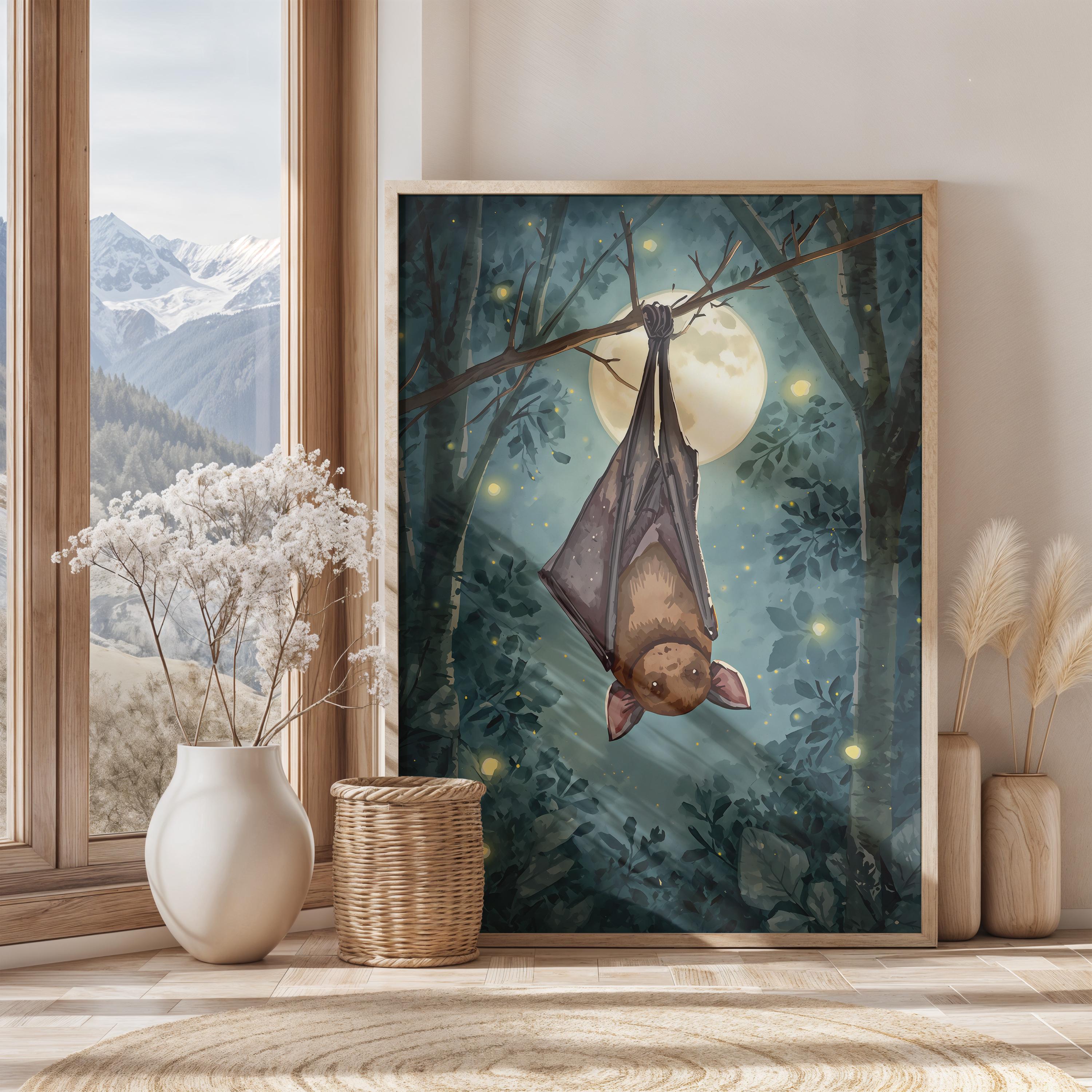 Cute Bat Wall Art | Halloween Bat Print | Moody Forest Decor | Spooky Season Wall Art | October Cottagecore Decor