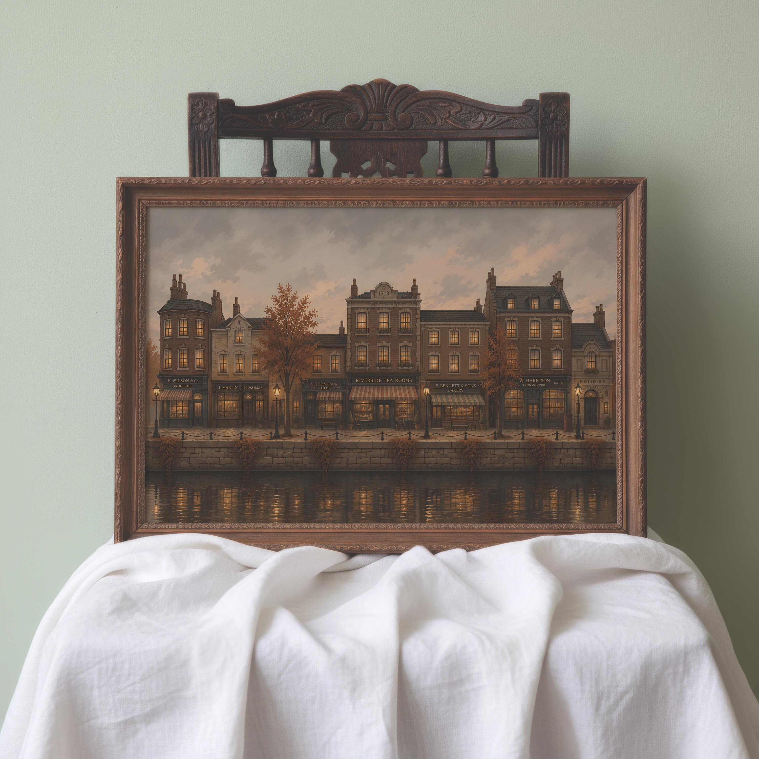 Moody Autumn City Canal Wall Art | Vintage Fall Street Painting | Cozy European Town Print | Dark Academia Decor