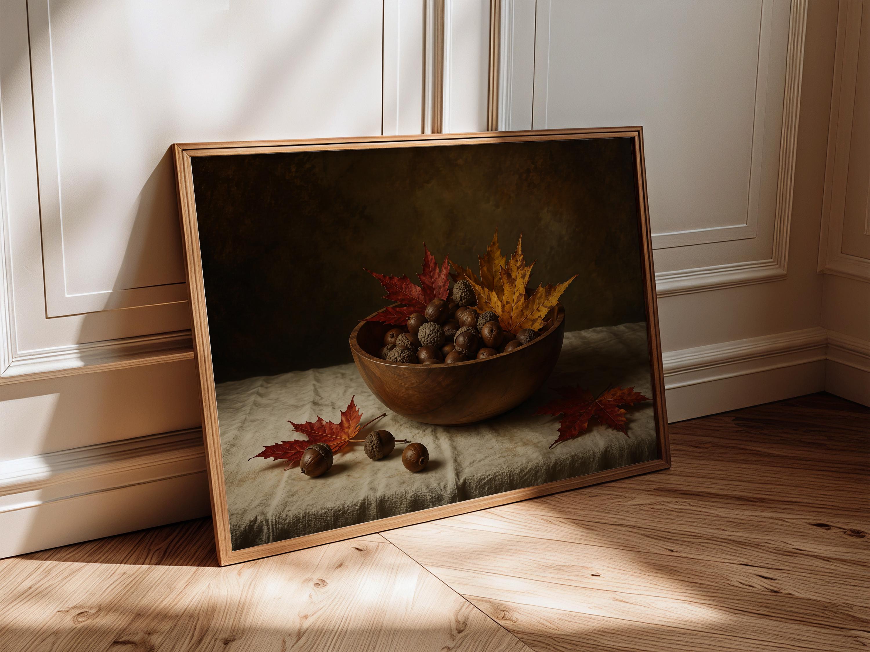 Vintage Autumn Still Life Print | Acorn Bowl Wall Art | Moody Fall Leaves Painting | Cozy Cottage Decor