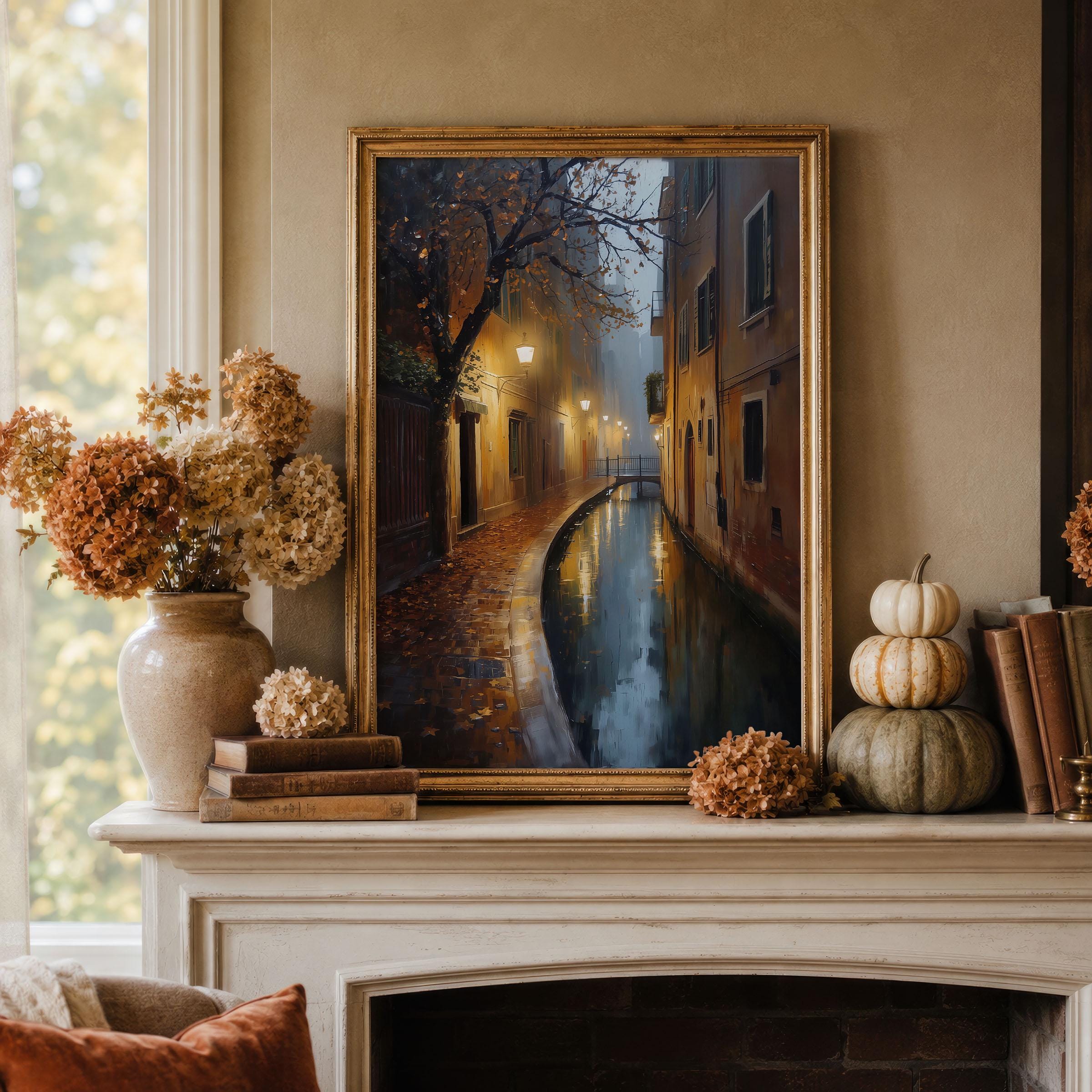 Moody Autumn Canal Wall Art | Rainy European Street Print | Dark Academia Fall Painting | Vintage Autumnal Cityscape Decor