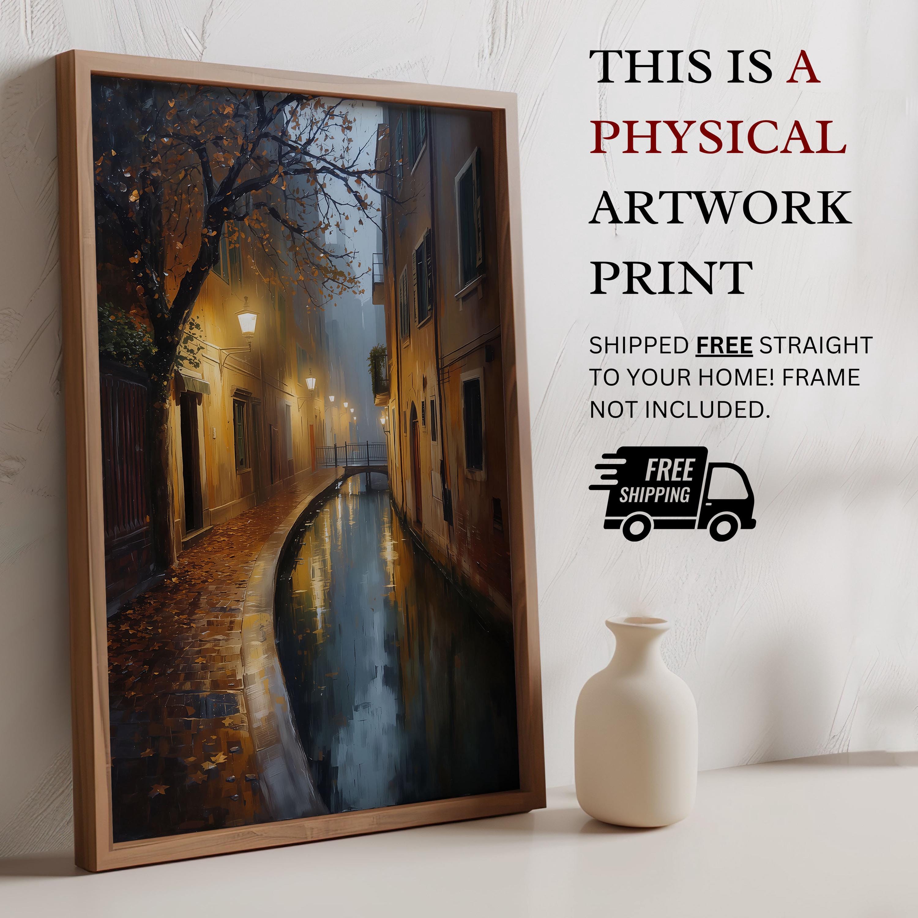 Moody Autumn Canal Wall Art | Rainy European Street Print | Dark Academia Fall Painting | Vintage Autumnal Cityscape Decor