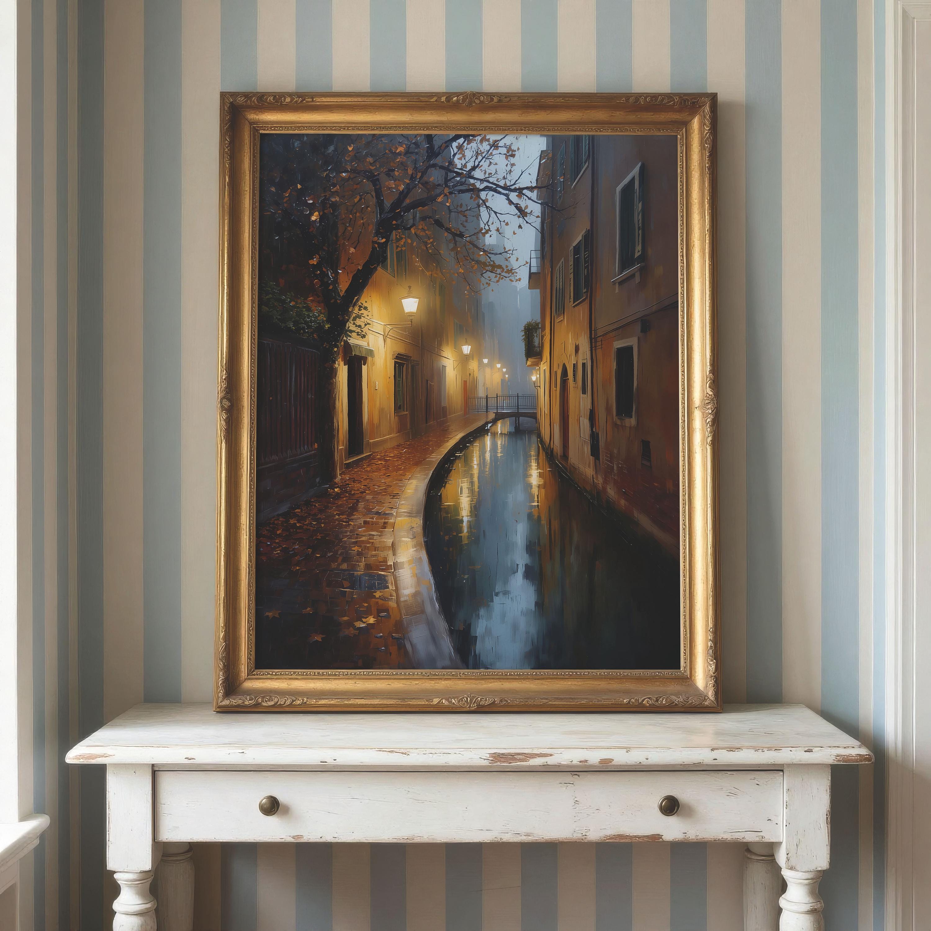 Moody Autumn Canal Wall Art | Rainy European Street Print | Dark Academia Fall Painting | Vintage Autumnal Cityscape Decor