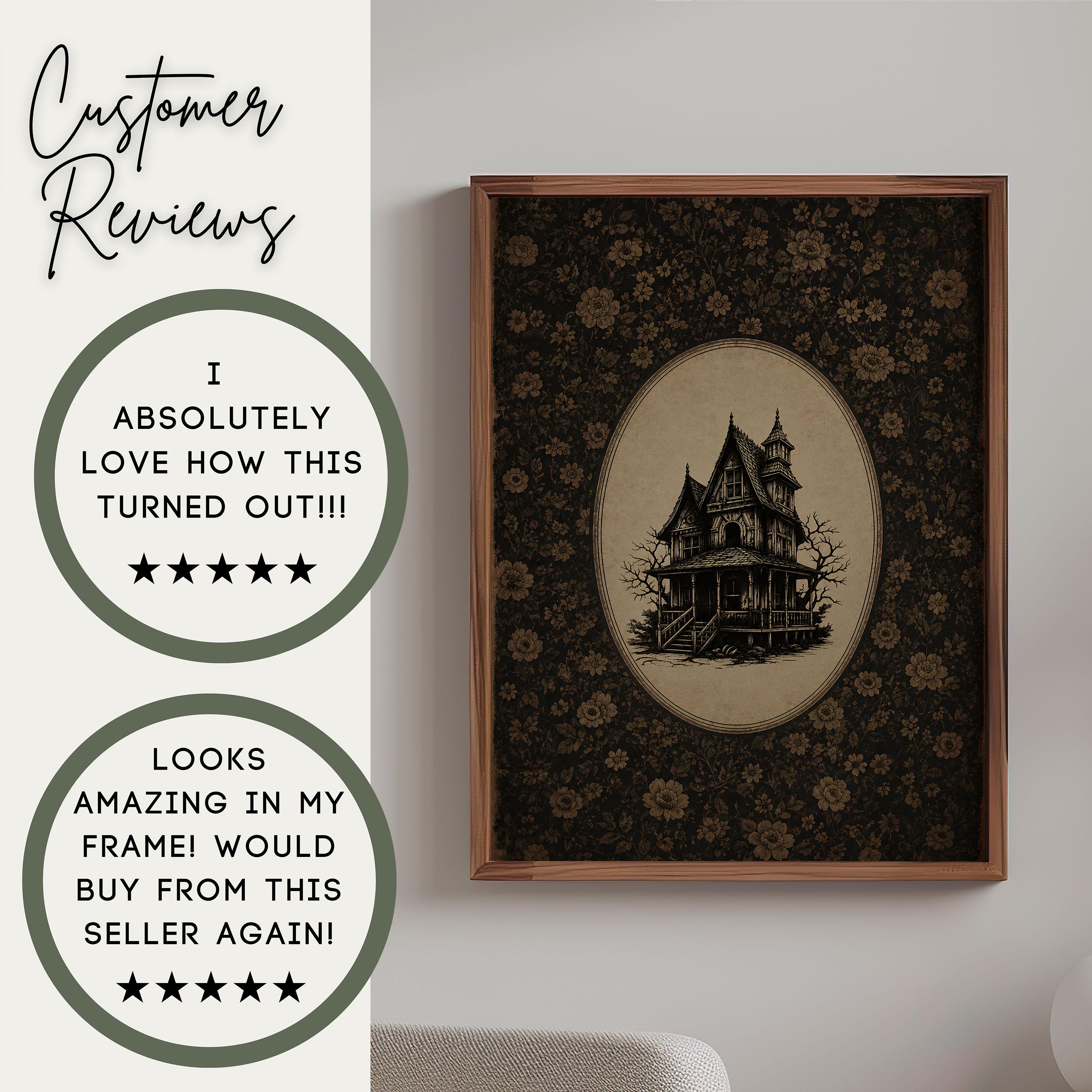 Cute Haunted House Wall Art | Vintage Halloween Wallpaper Print | Whimsical Gothic Decor | Spooky Cottage Art